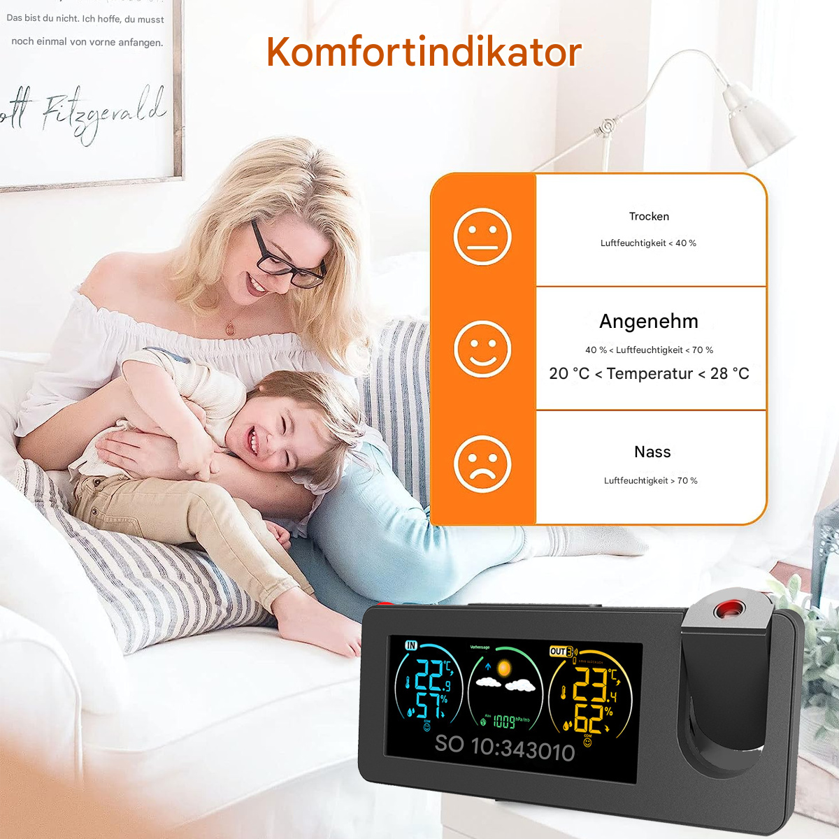 Wetterstation mit Komfortanzeige und Familie im Hintergrund. Sonnig, angenehmes Wetter.