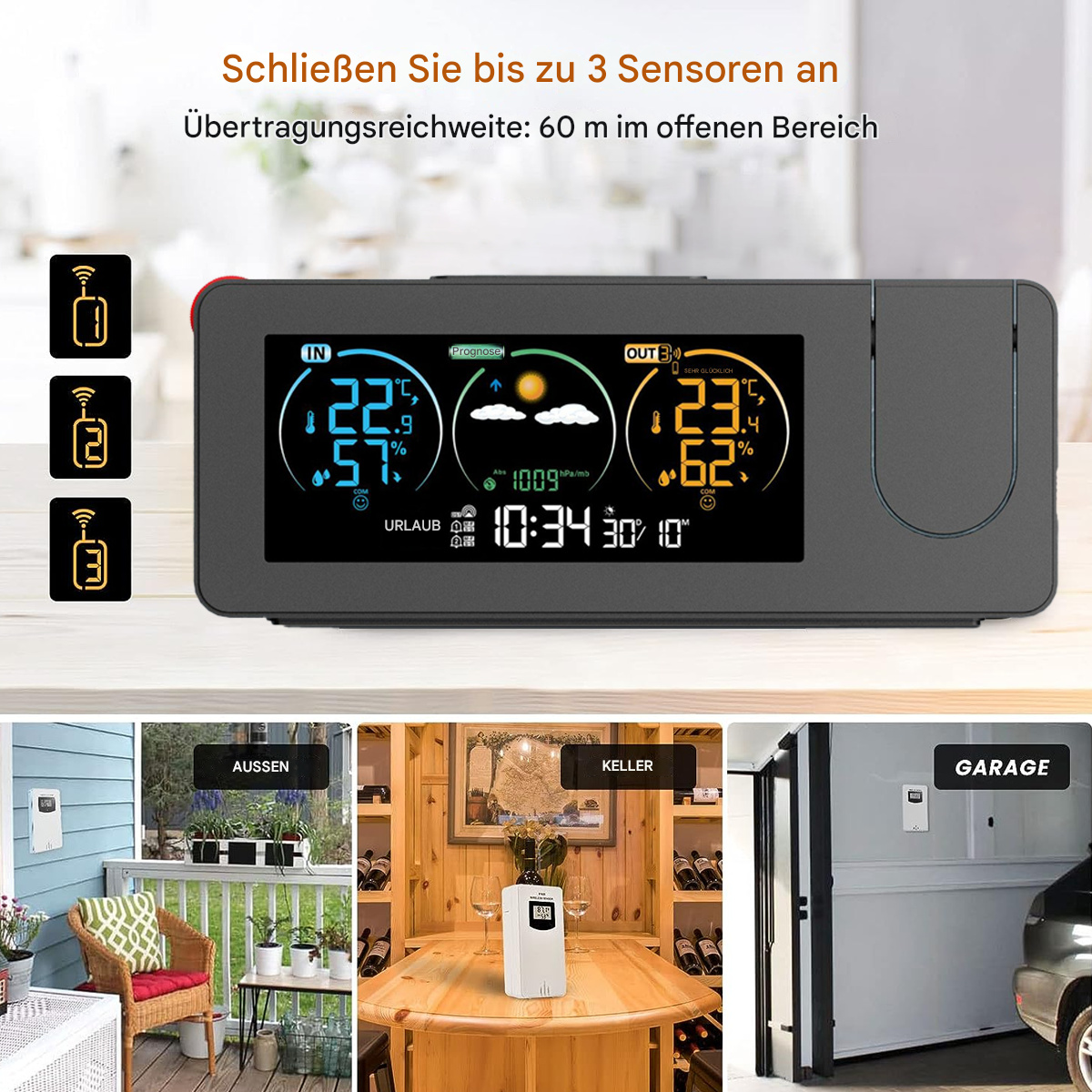 Wetterstation mit Display und Sensoren. Zeigt Temperatur, Vorhersage und Uhrzeit. Schwarz und grau.