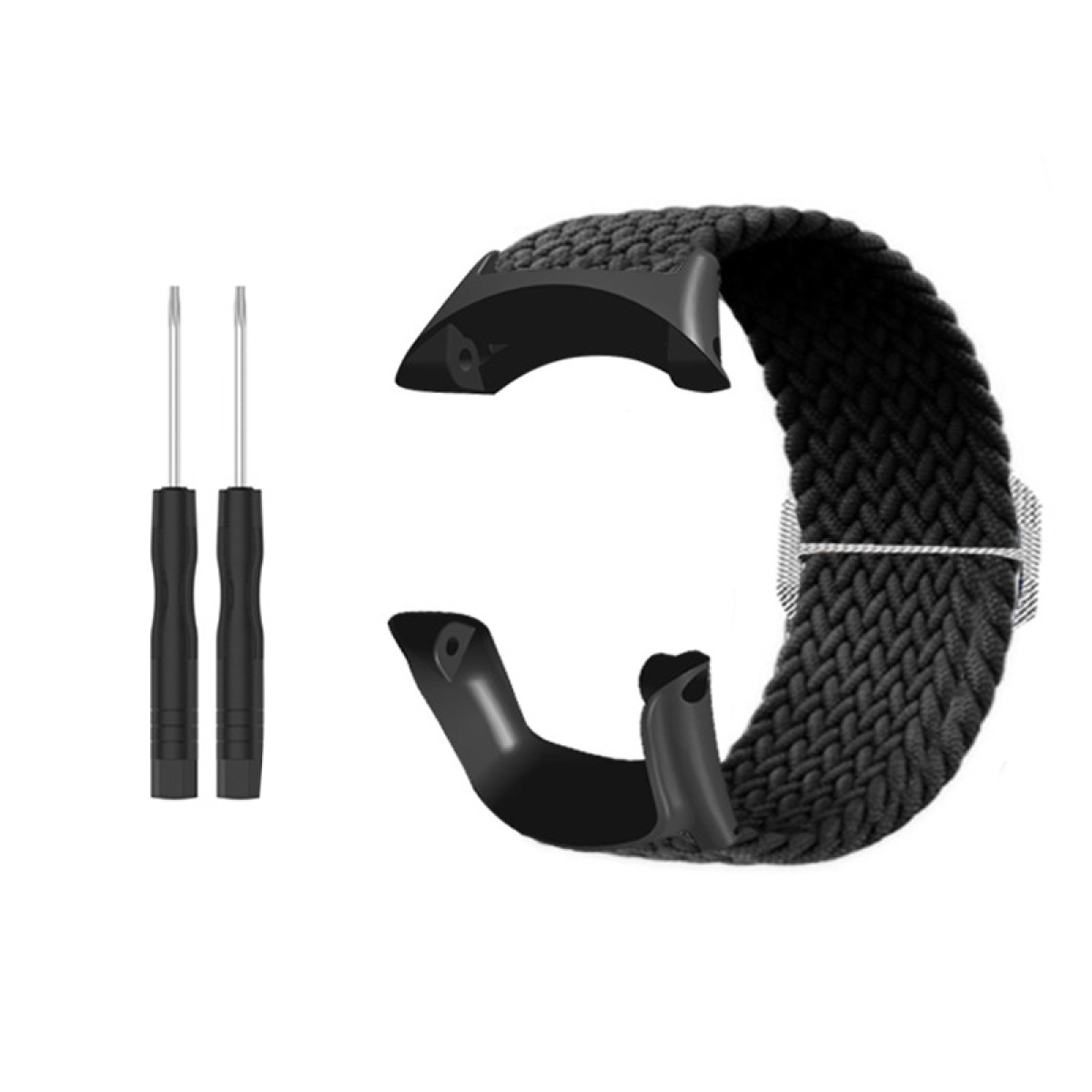 Schwarzes Uhrenarmband mit zwei kleinen Schraubenziehern daneben. Weißer Hintergrund.