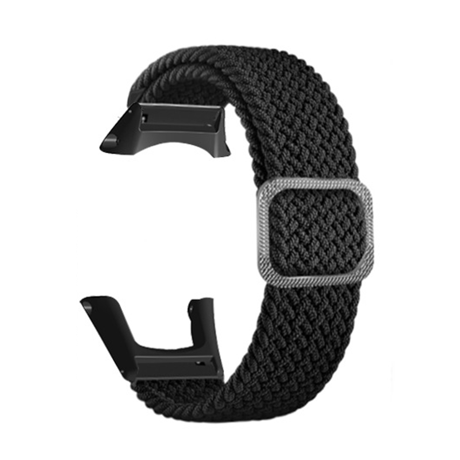 Ein schwarzes, gewebtes Smartwatch-Armband mit einer silbernen Schnalle wird vor weißem Hintergrund gezeigt.
