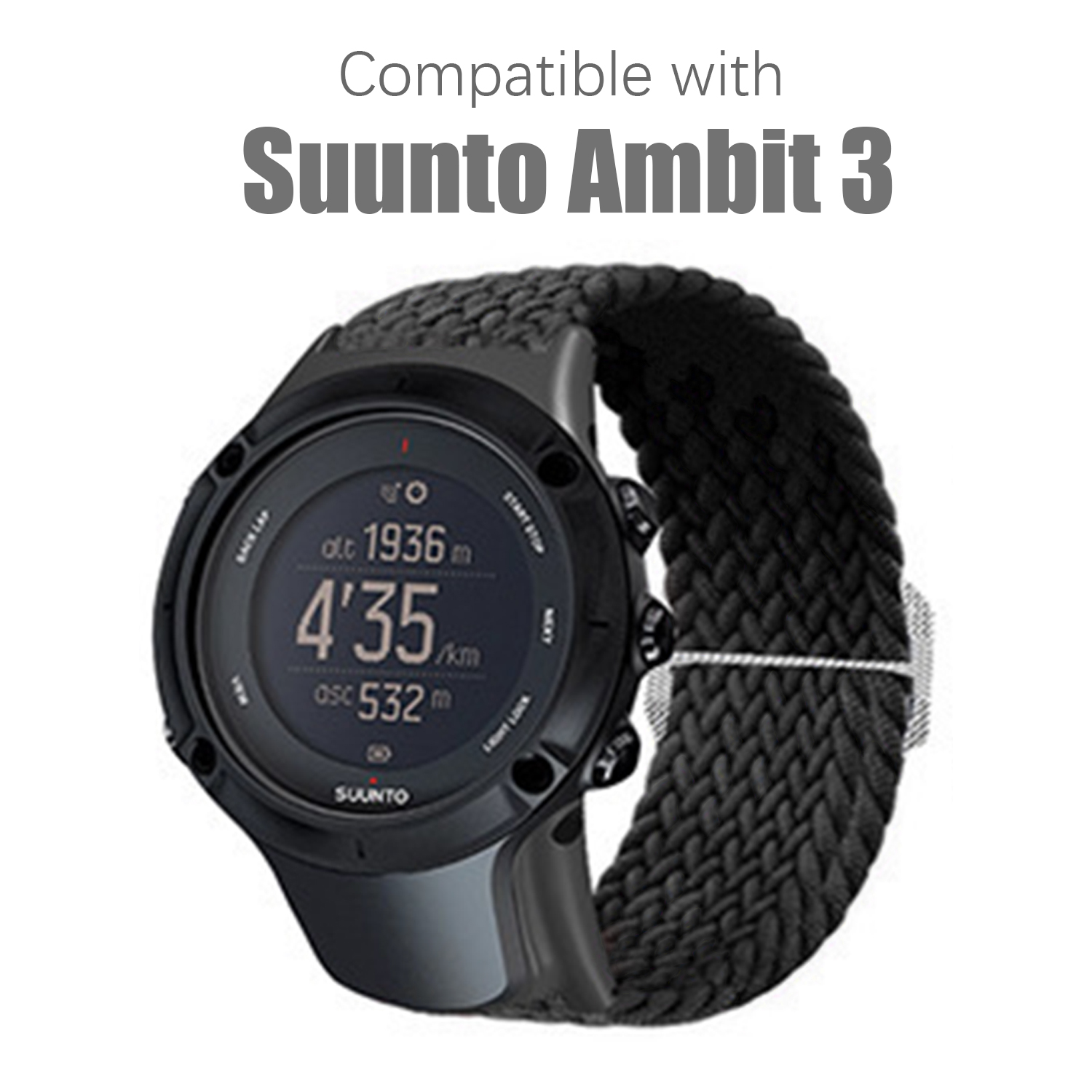 Schwarze Suunto Ambit 3 Uhr mit schwarzem Armband. Die Uhr zeigt Zeit und andere Daten an. Weißer Hintergrund.