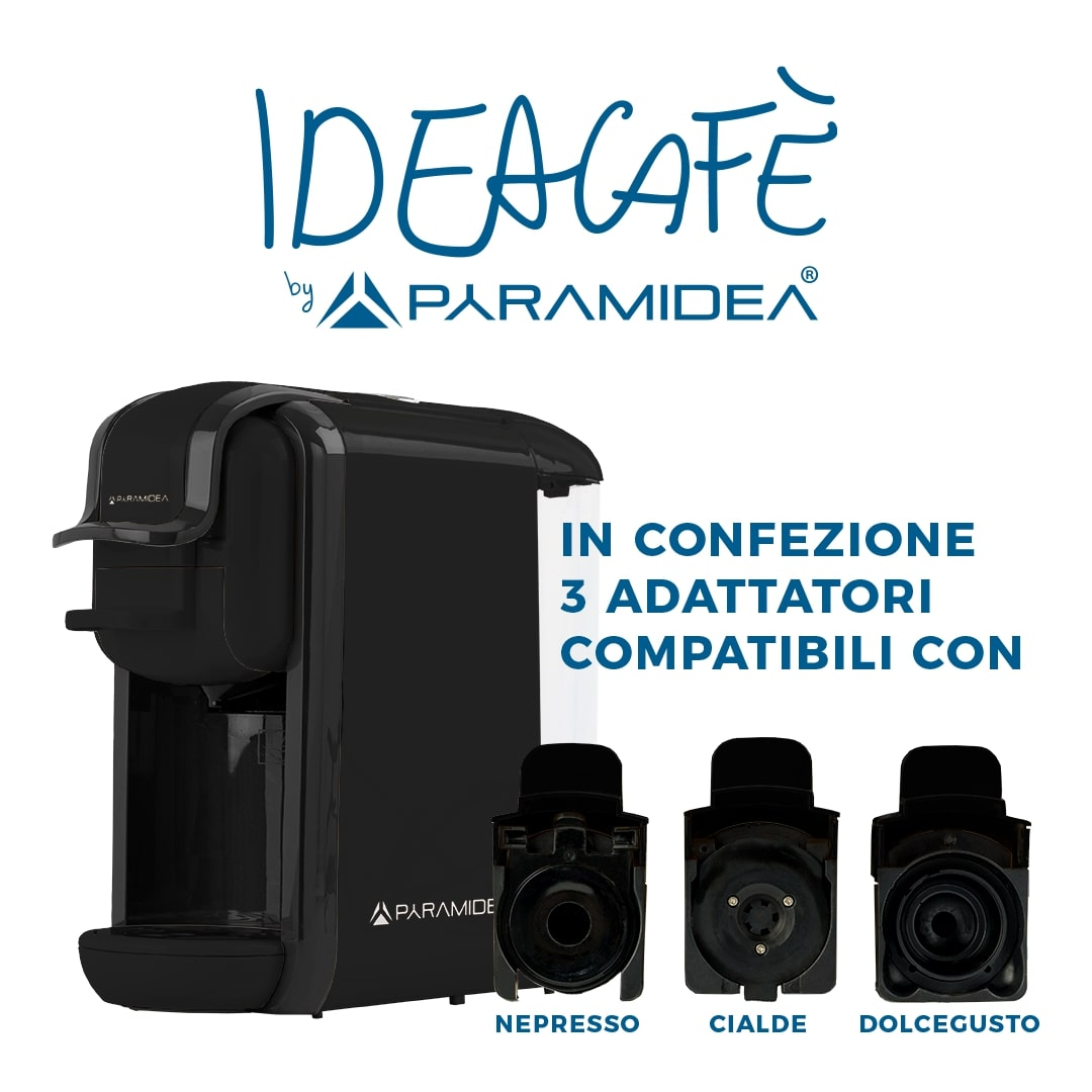 Macchina da caffè nera, con tre adattatori per diverse cialde. Logo 'IDEACAFÈ'.