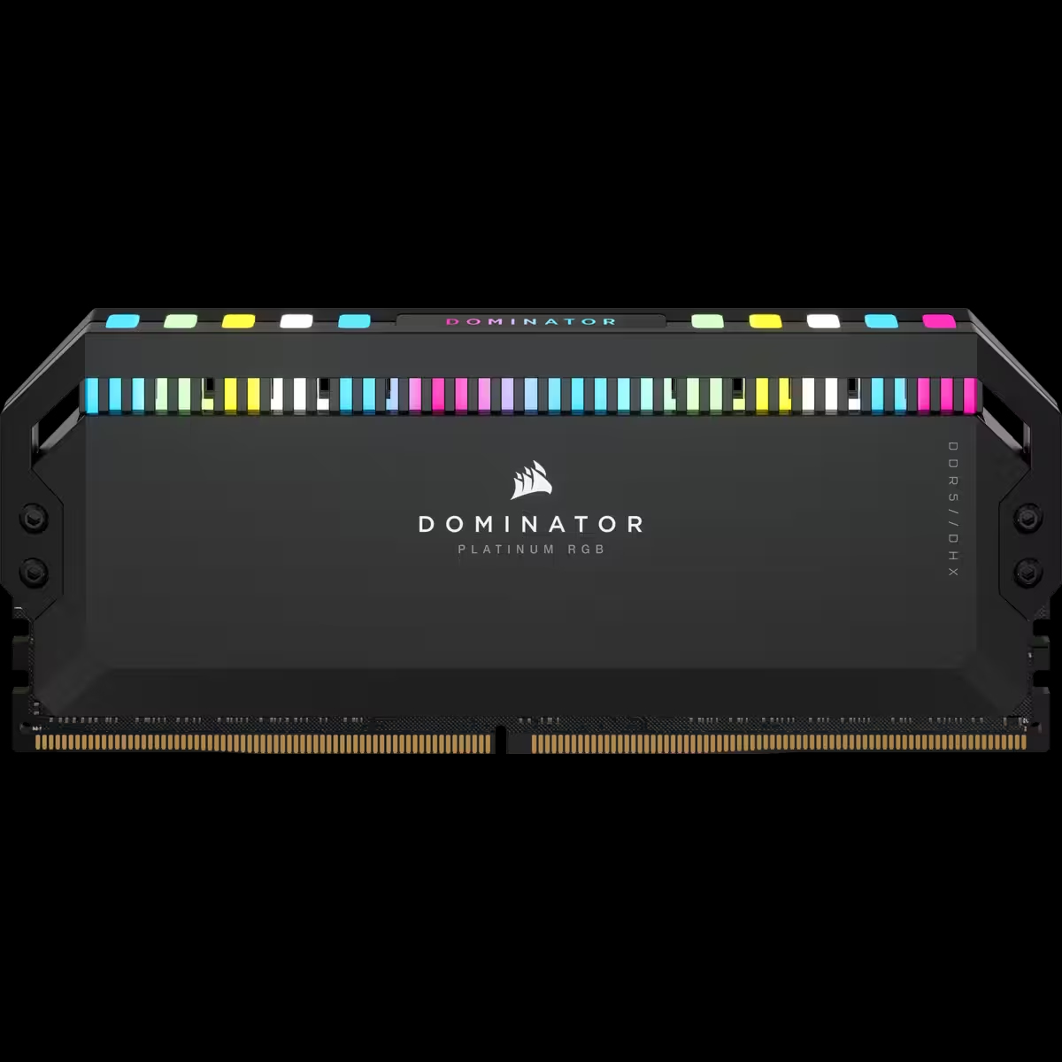 Czarny moduł RAM z oświetleniem RGB. Tekst: DOMINATOR PLATINUM RGB. Logo Corsair na górze.