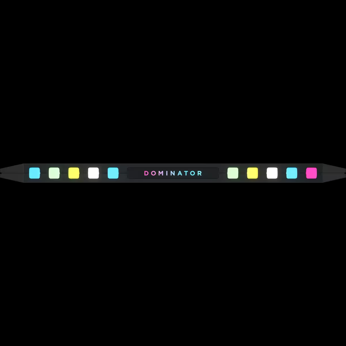 Czarny pasek świetlny z kolorowymi światłami, słowo 'Dominator' pośrodku, czarne tło.