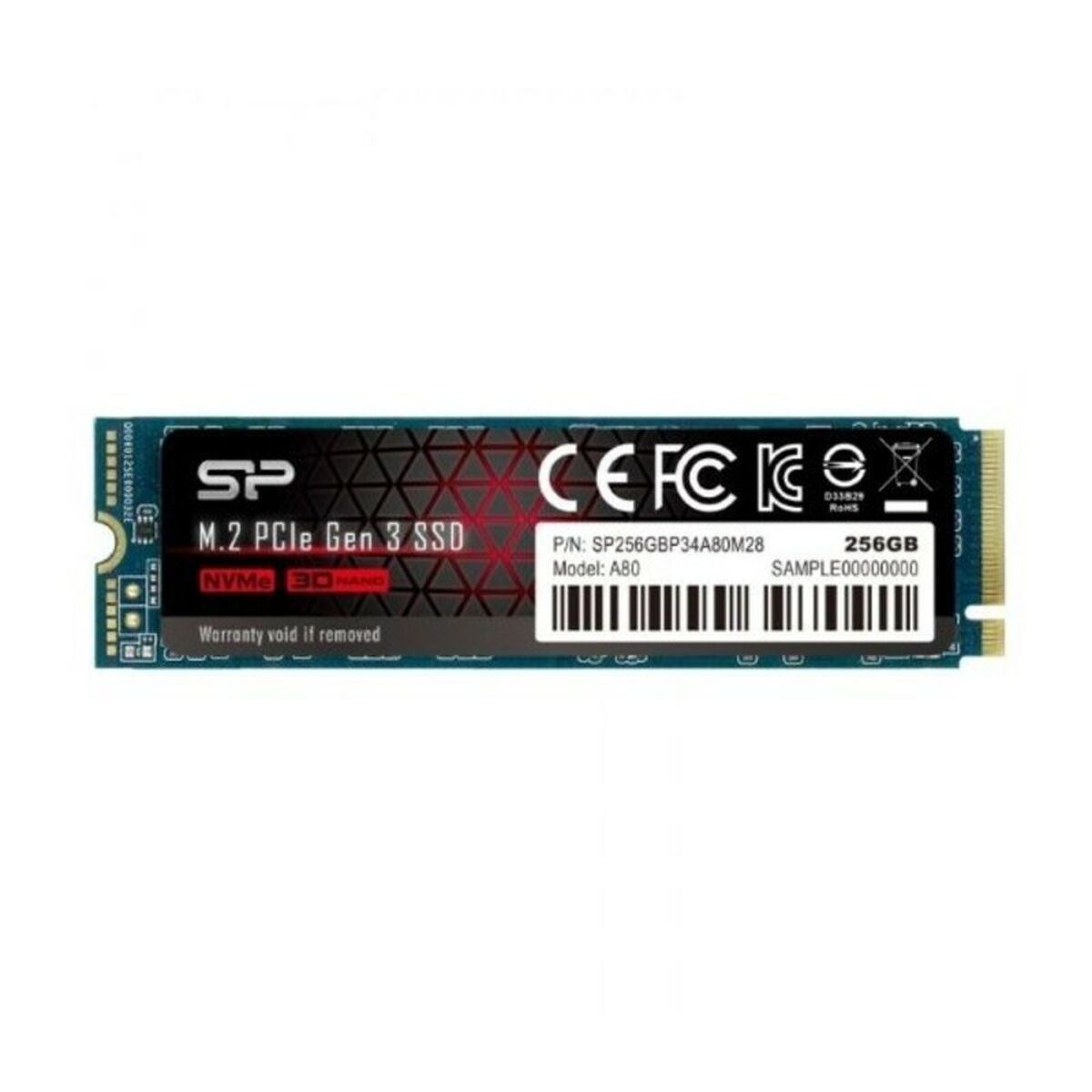 M.2 PCIe Gen 3 SSD auf weißem Hintergrund. Das Etikett zeigt 256 GB und SP-Logo.