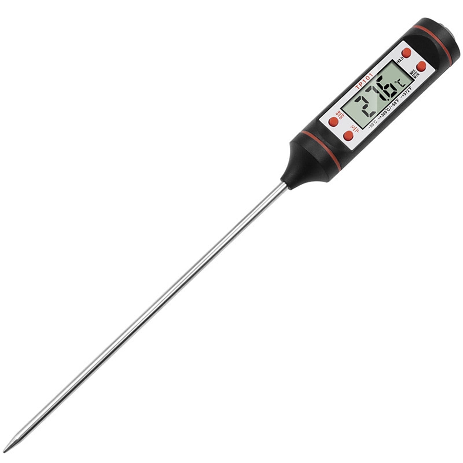 Digitales Thermometer mit langer Metallsonde, zeigt 27,6 Grad Celsius. Schwarz und rot.