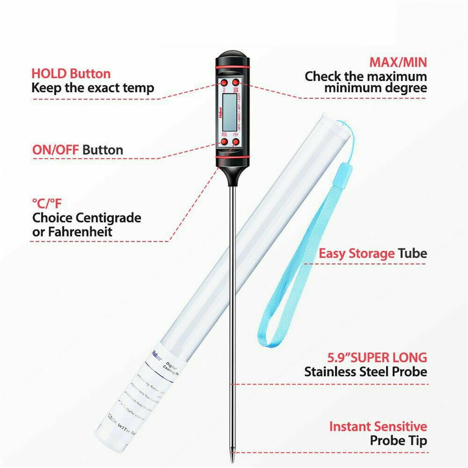 Ein digitales Lebensmittelthermometer mit Aufbewahrungsröhre. Zeigt Ein/Aus, HOLD-Taste, °C/°F und MAX/MIN-Optionen.