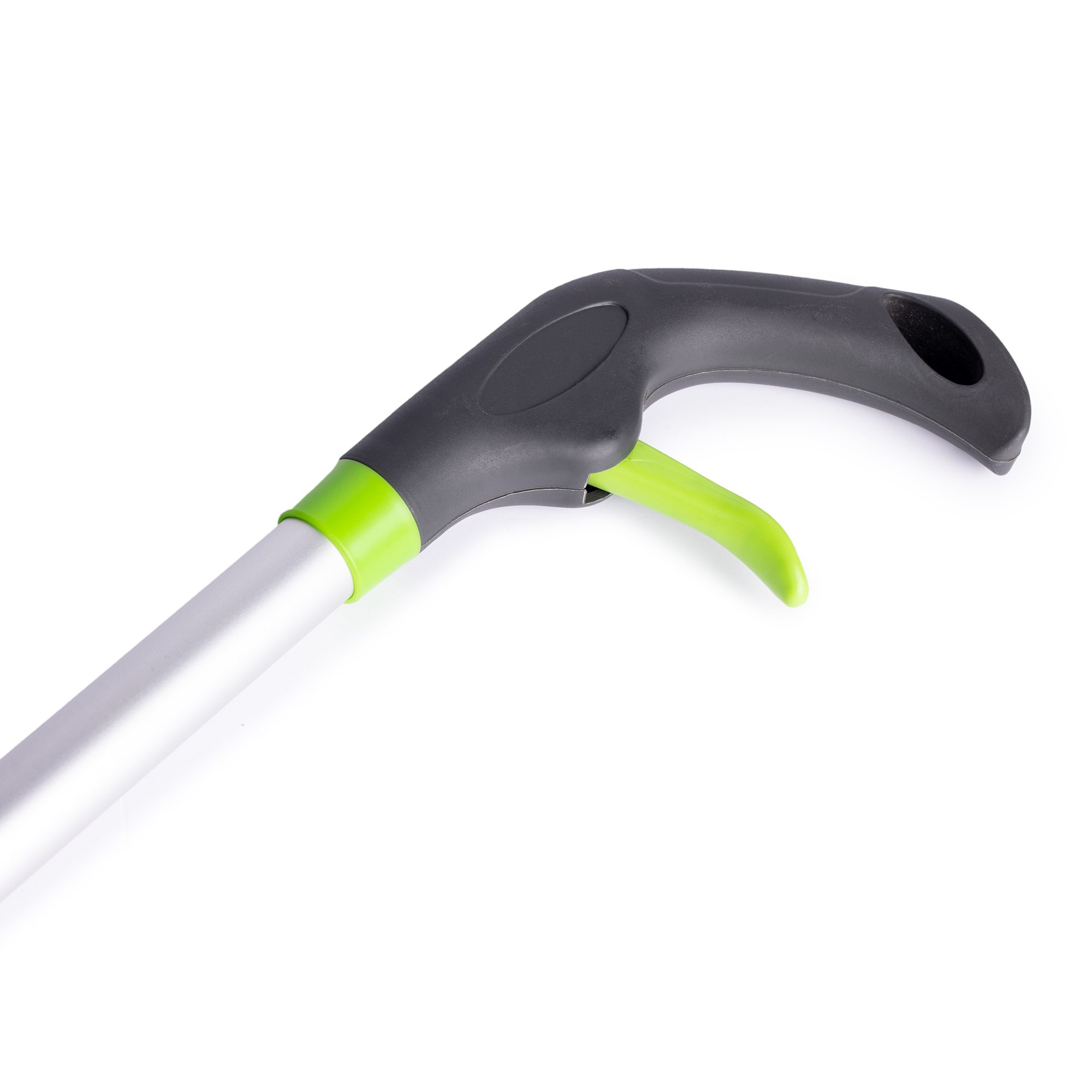 Een grijper met een zwarte handgreep en een groene trekker. Zilveren schacht.