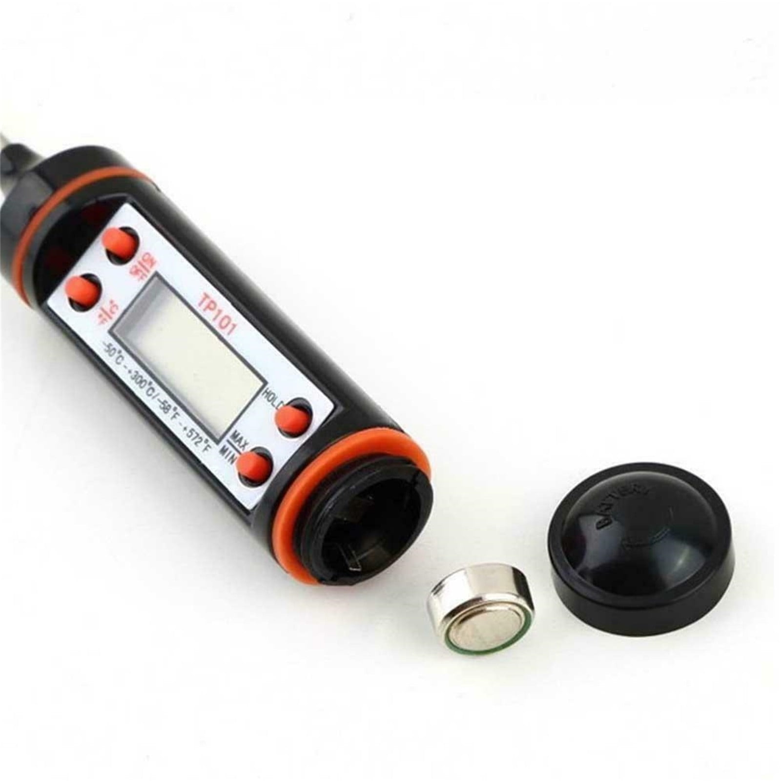 Schwarzes digitales Lebensmittelt hermometer. Es hat einen Bildschirm, Knöpfe und ein Batteriefach mit Batterie.
