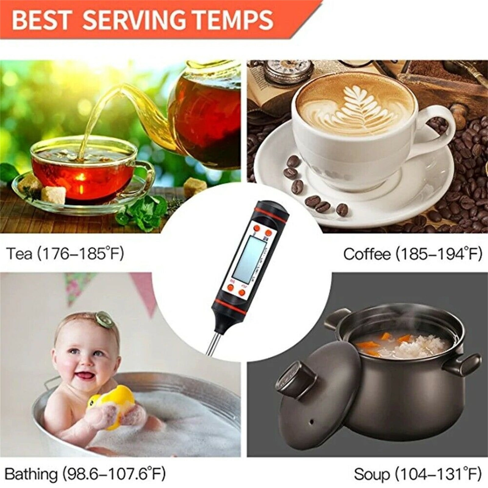 Bild zeigt Artikel mit idealen Temperaturen: Tee, Kaffee, Babybad und Suppe mit Thermometer.