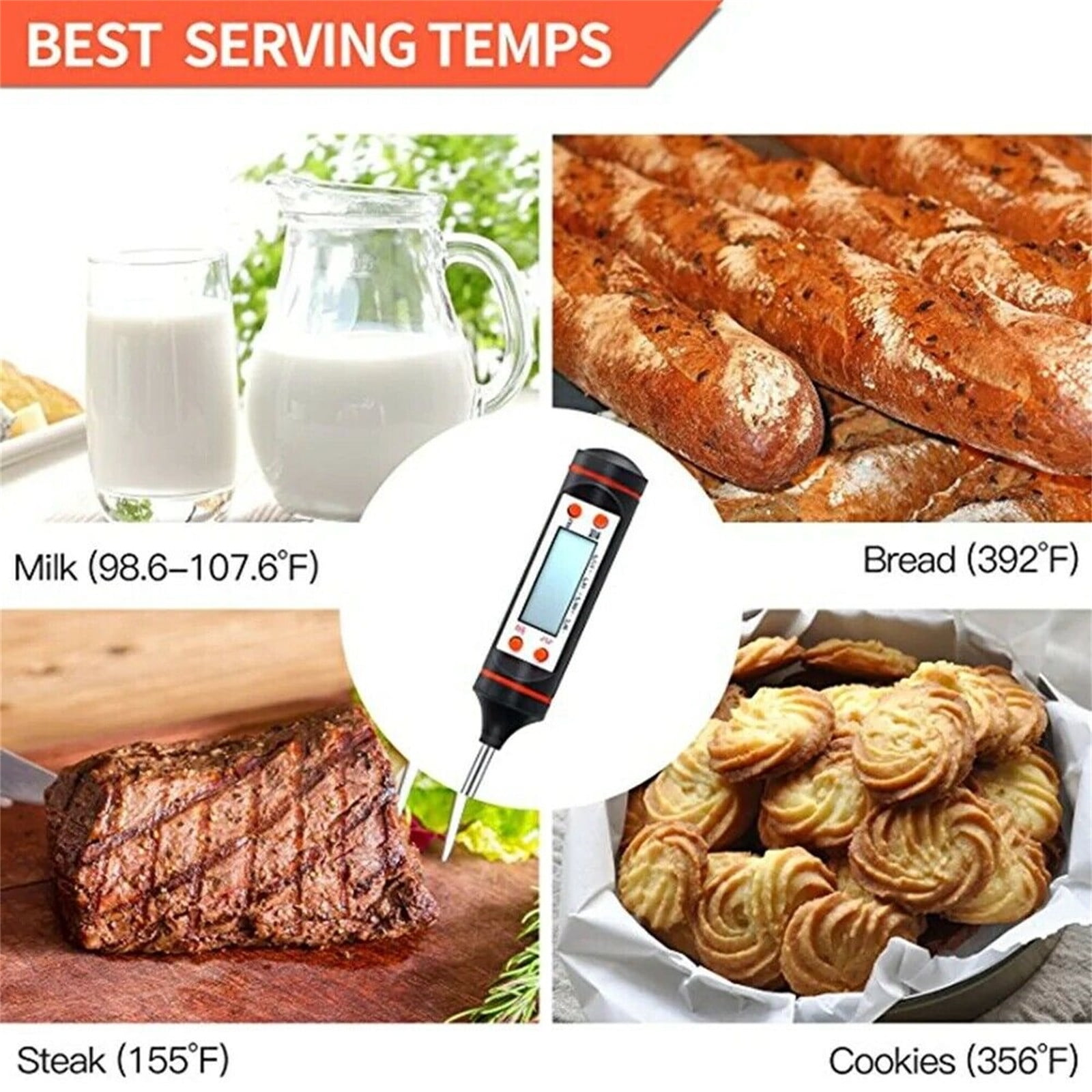 Milch, Steak, Brot und Kekse mit ihren idealen Serviertemperaturen in einem Bild.