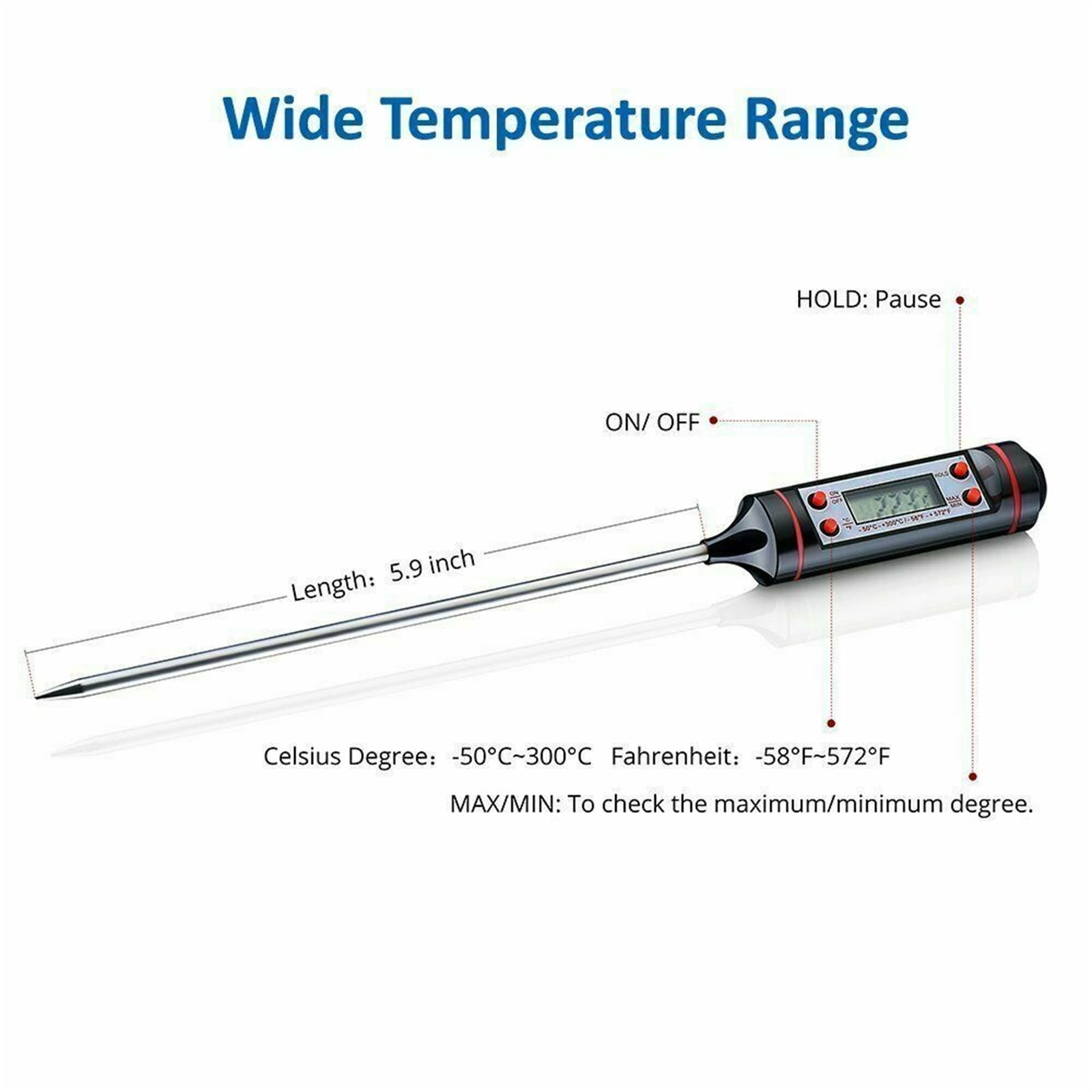 Digitales Lebensmitteltemperaturmessgerät, das Temperatur anzeigt, mit Messskalen und Details.