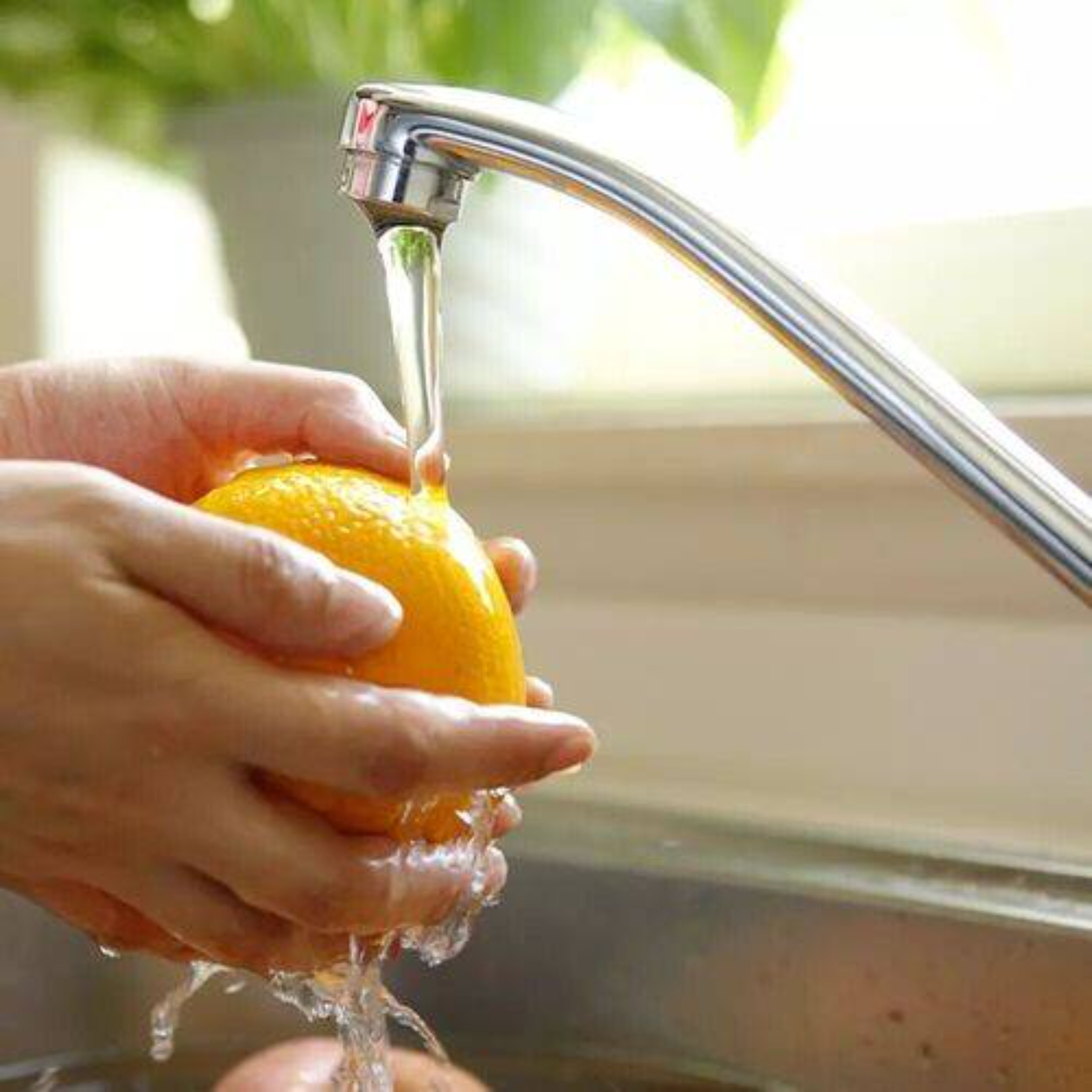 Hände waschen eine gelbe Orange unter einem Wasserhahn.