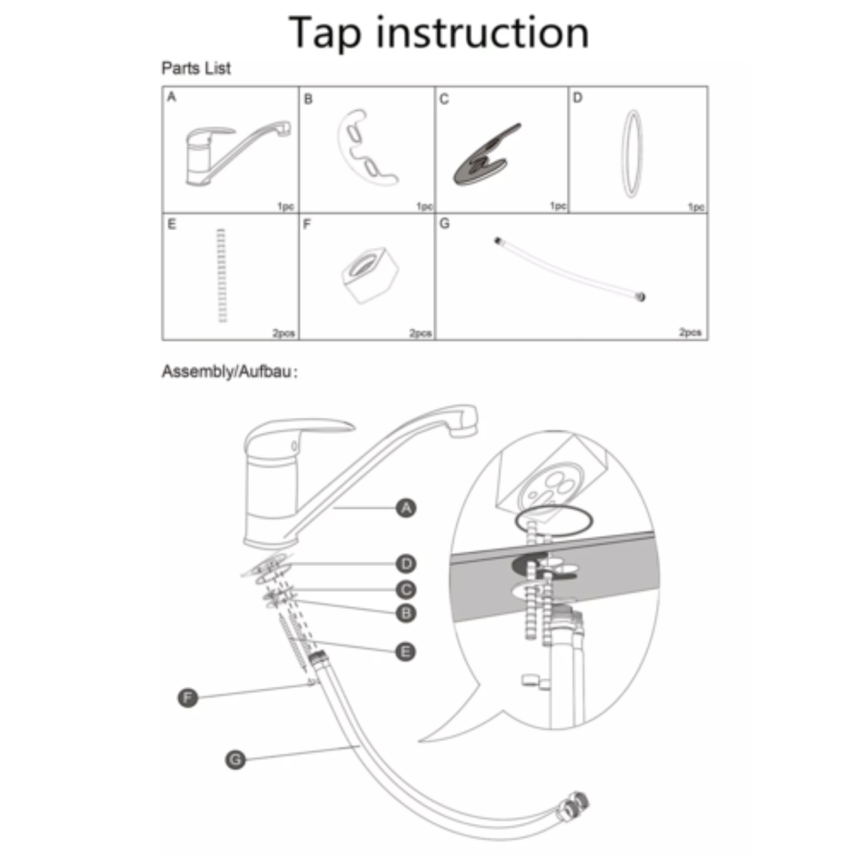 Diagramm mit Teilen und Montageschritten eines Wasserhahns, mit Beschriftungen und Illustrationen.