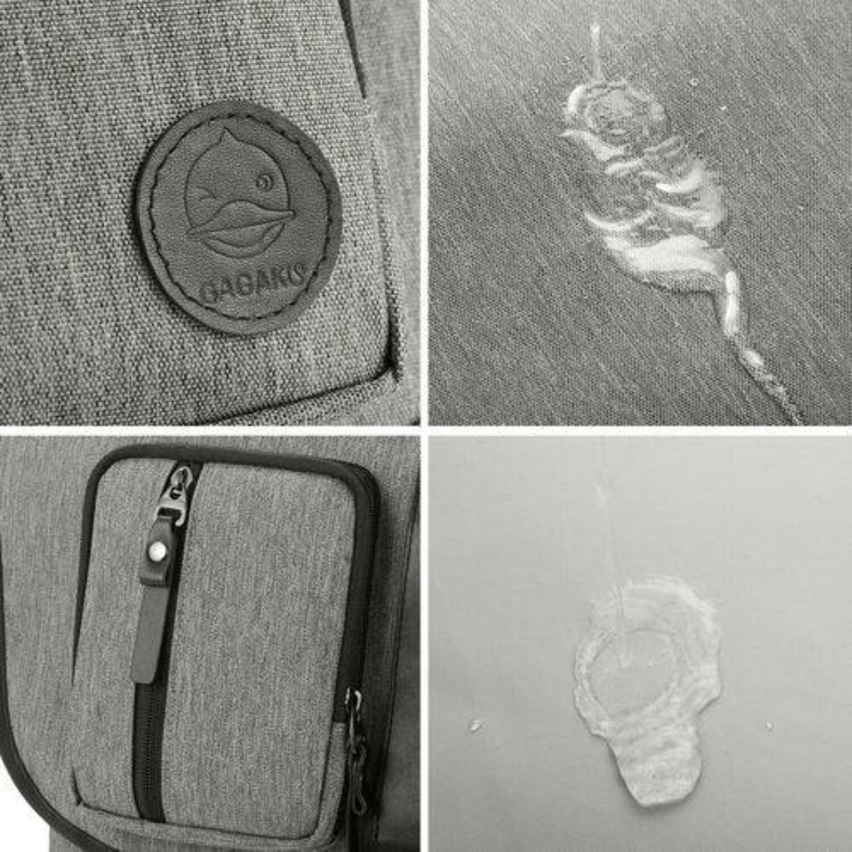 Nahaufnahme grauer Rucksackdetails: Logo, Wassertropfen, Tasche mit Reißverschluss, Wassertropfen auf Stoff.
