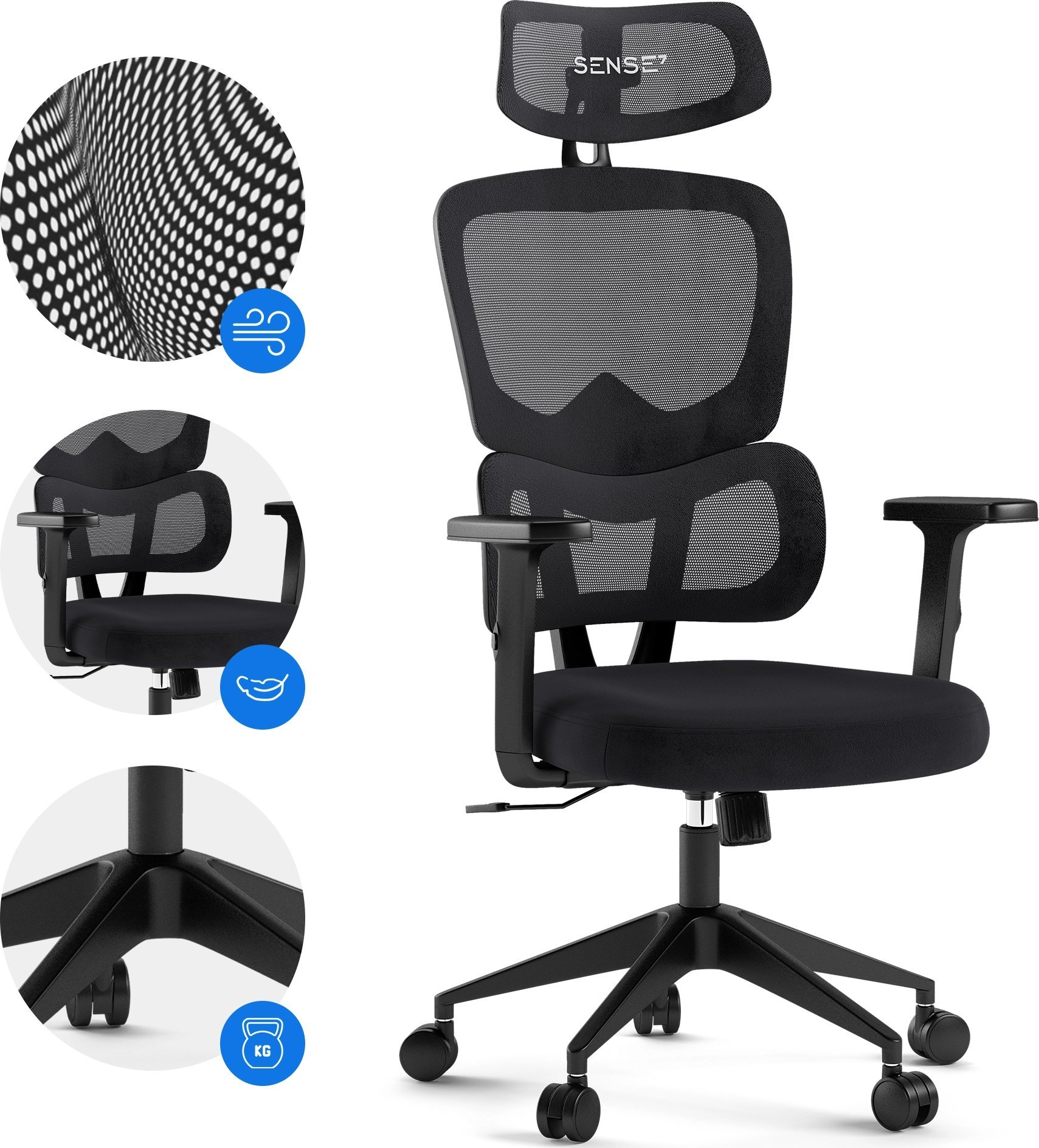 Sedia da ufficio ergonomica nera con schienale in rete, poggiatesta e ruote.
