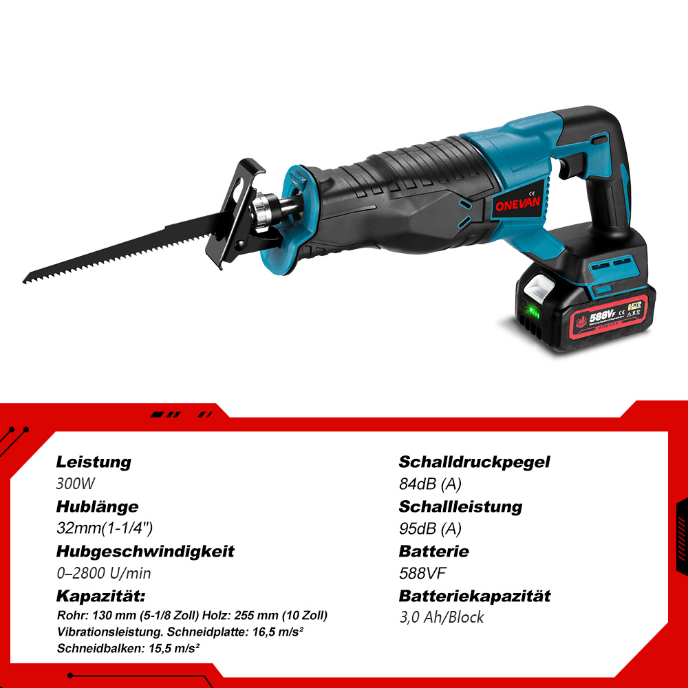 Blau-türkis elektrische Säge mit technischen Daten, weißer Hintergrund.