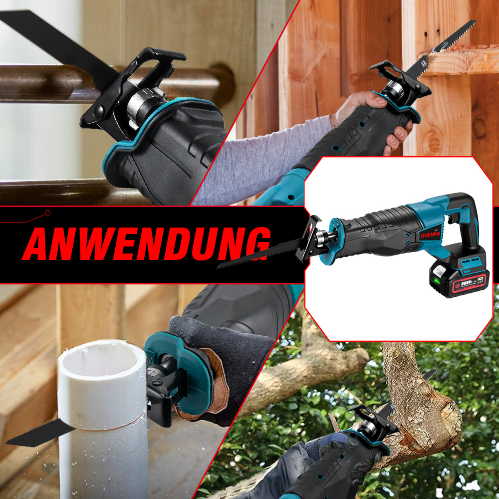 Eine Person verwendet eine Säbelsäge, um verschiedene Materialien zu schneiden, darunter Holz und PVC.