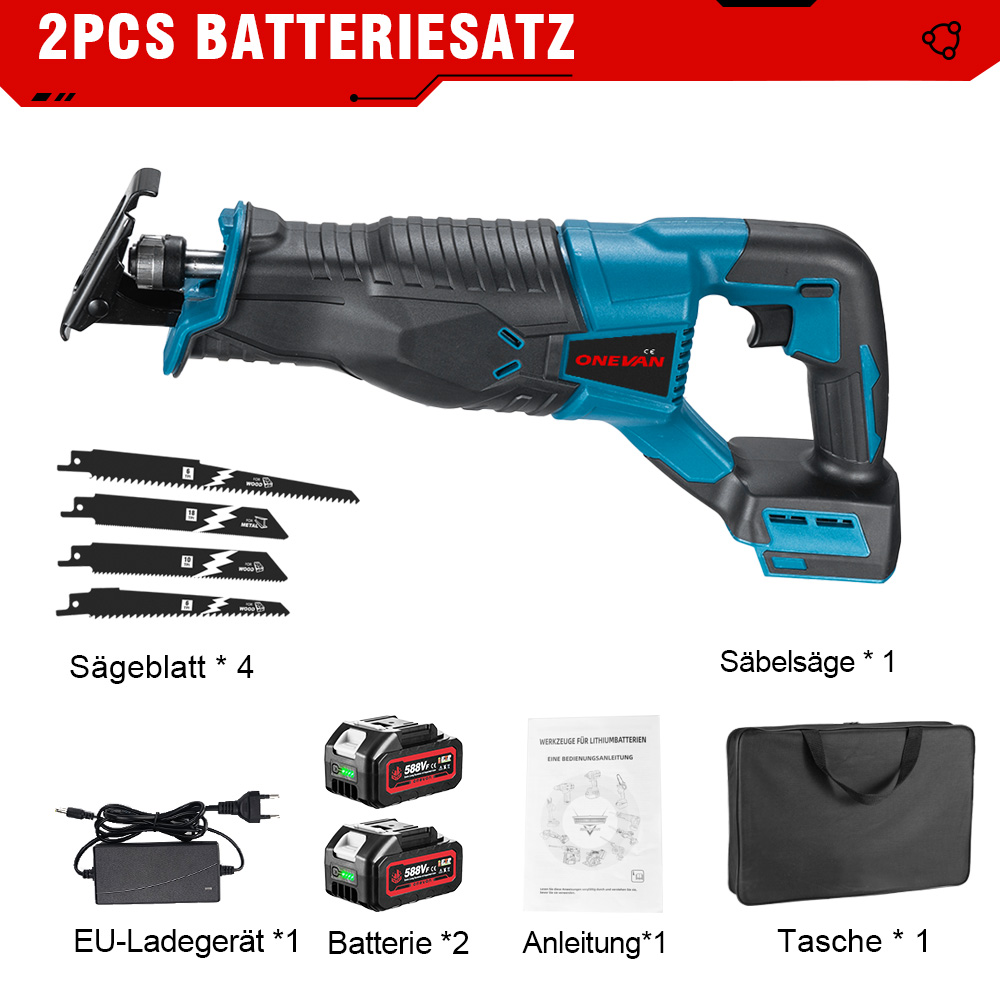 Eine Säbelsäge mit Zubehör: Klingen, Batterien, Ladegerät und eine Tragetasche.