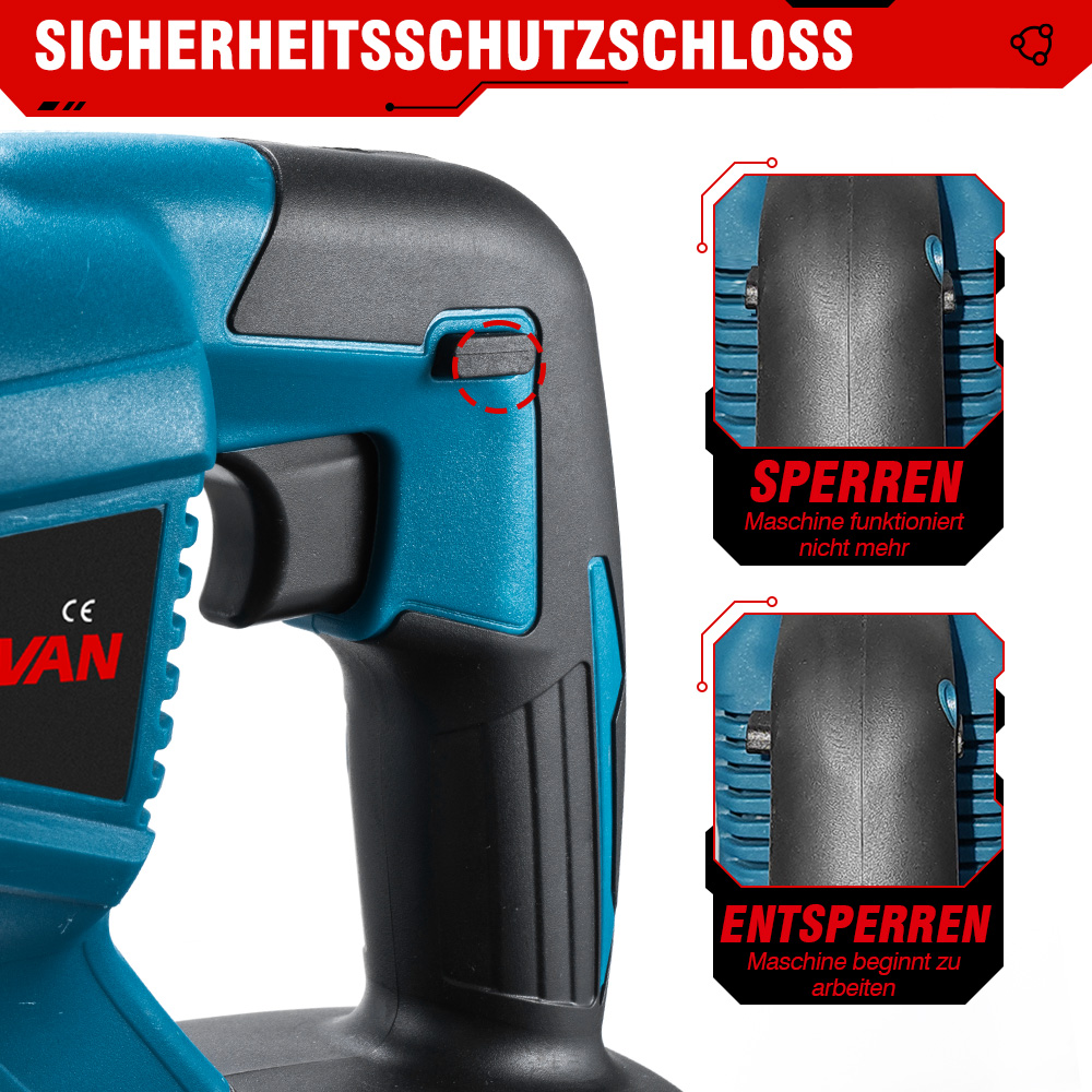 Nahaufnahme eines türkis-schwarzen Bohrhammers mit Schloss- und Entsperr-Beschriftung. Sicherheitsverriegelung hervorgehoben.