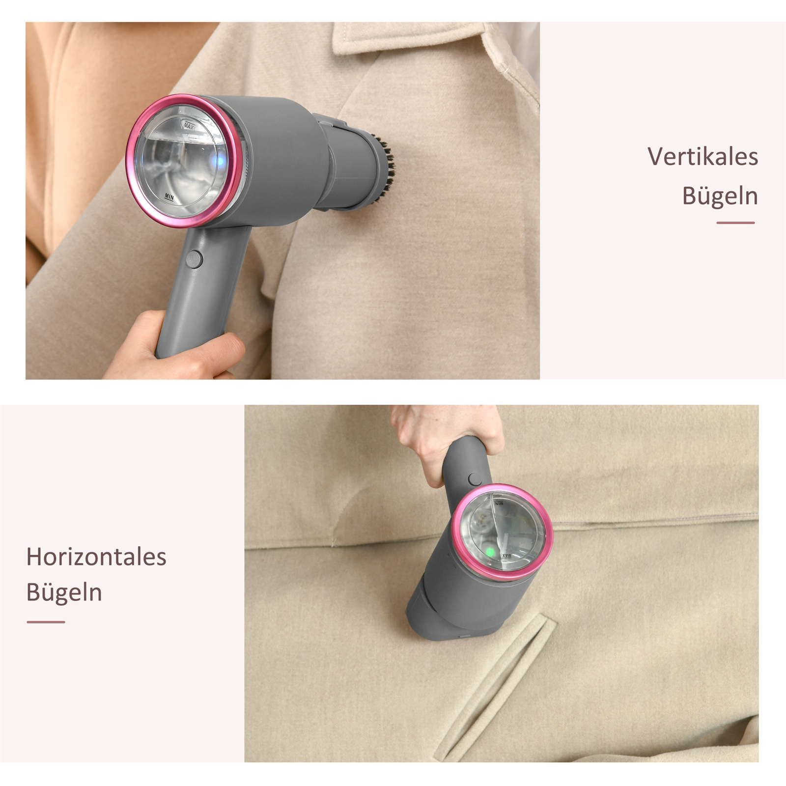 Ein grauer Kleidungsdampfer wird auf Kleidung verwendet. Das Bild zeigt vertikales und horizontales Dampfen.