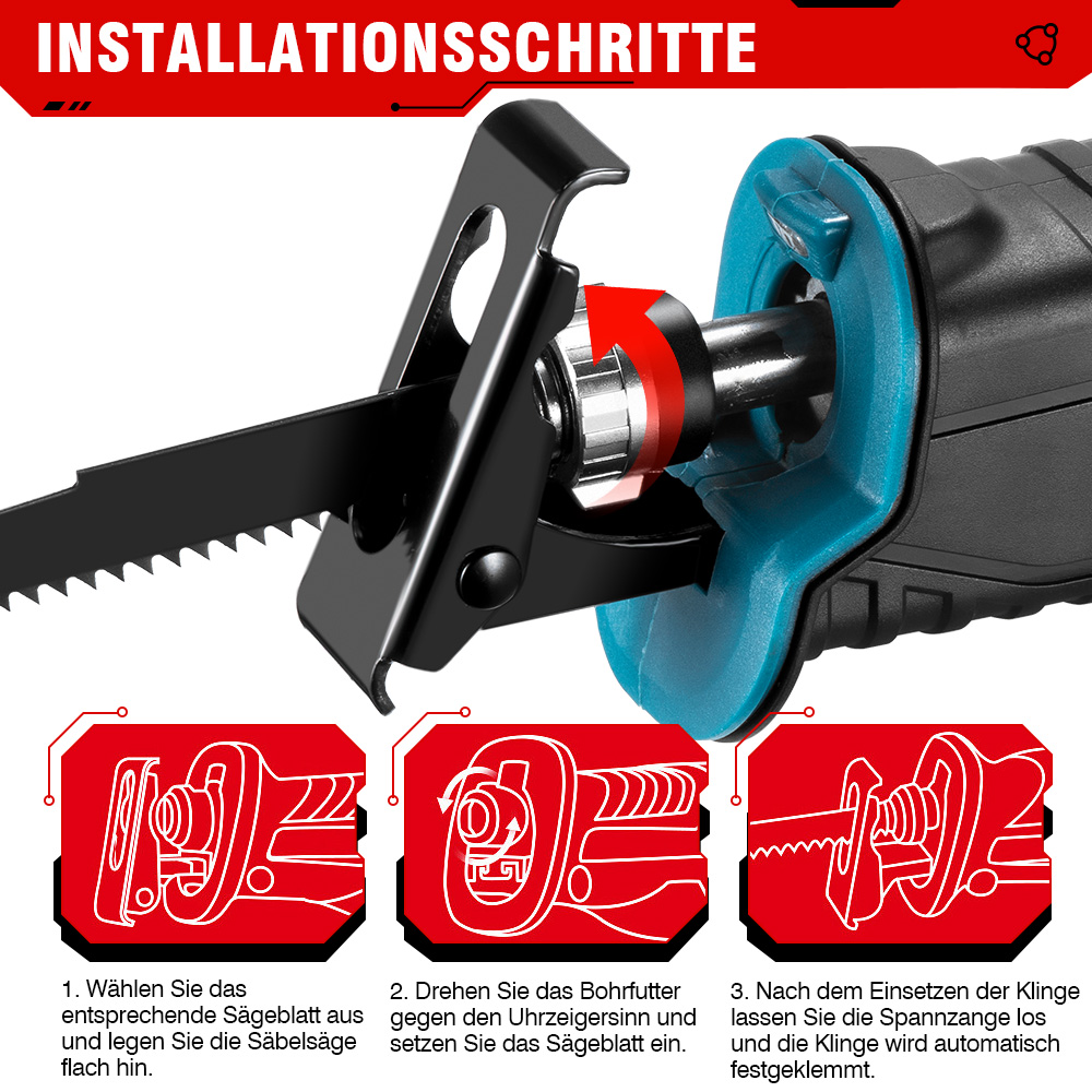 Schritt-für-Schritt-Anleitung: Säbelsägeblatt einsetzen. Anweisungen mit drei Bildern und Text.