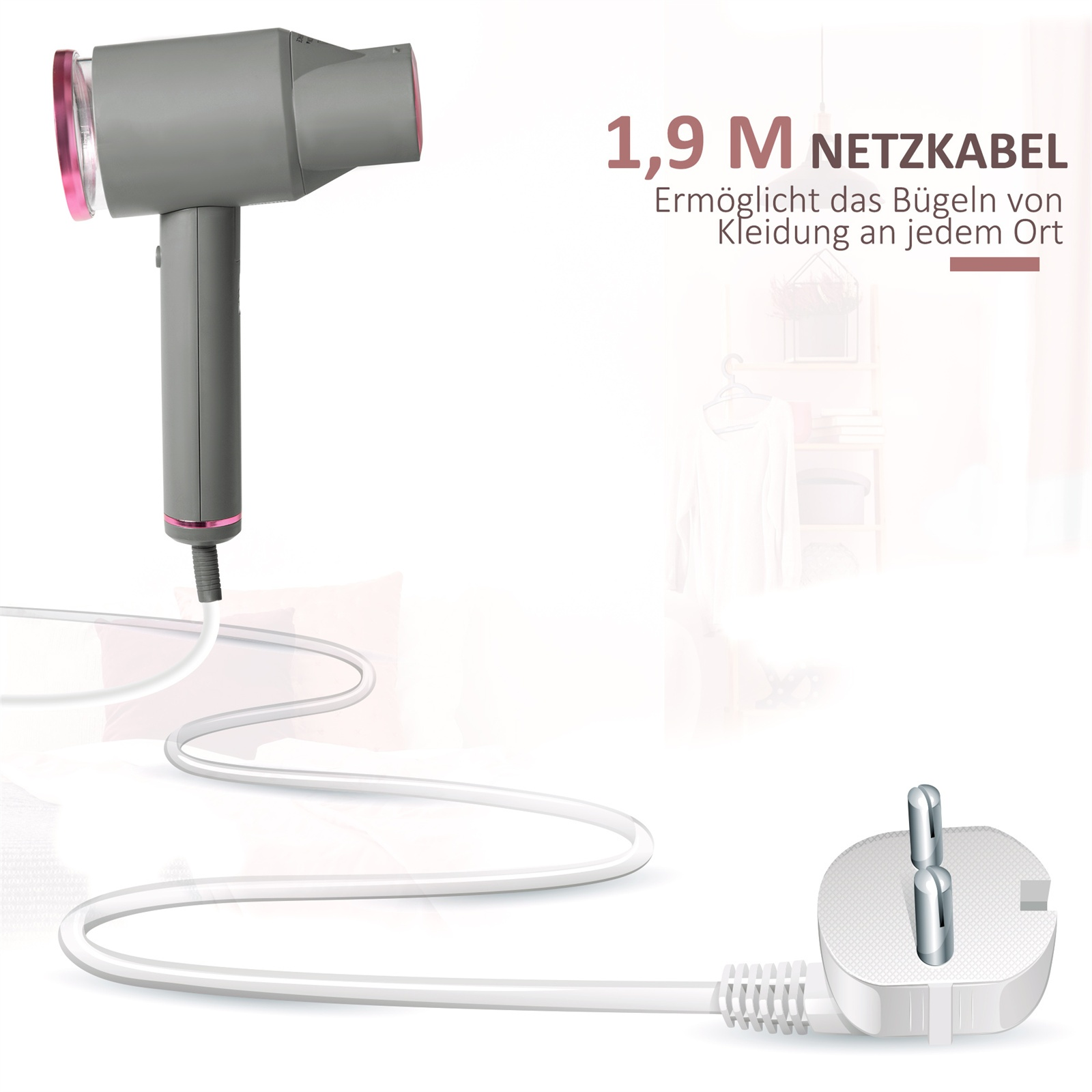 Graues Bügeleisen mit weißem Kabel und Stecker, Kabel gebogen. Text: 1,9 M NETZKABEL.