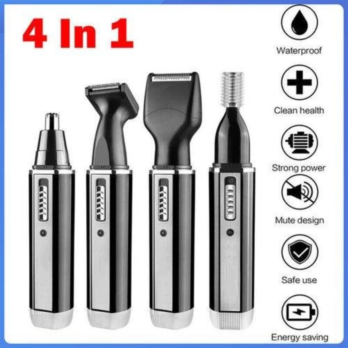 Ein 4-in-1-Pflegeset. Es hat einen Nasenhaartrimmer, zwei Barttrimmer und einen Ohrenhaartrimmer.