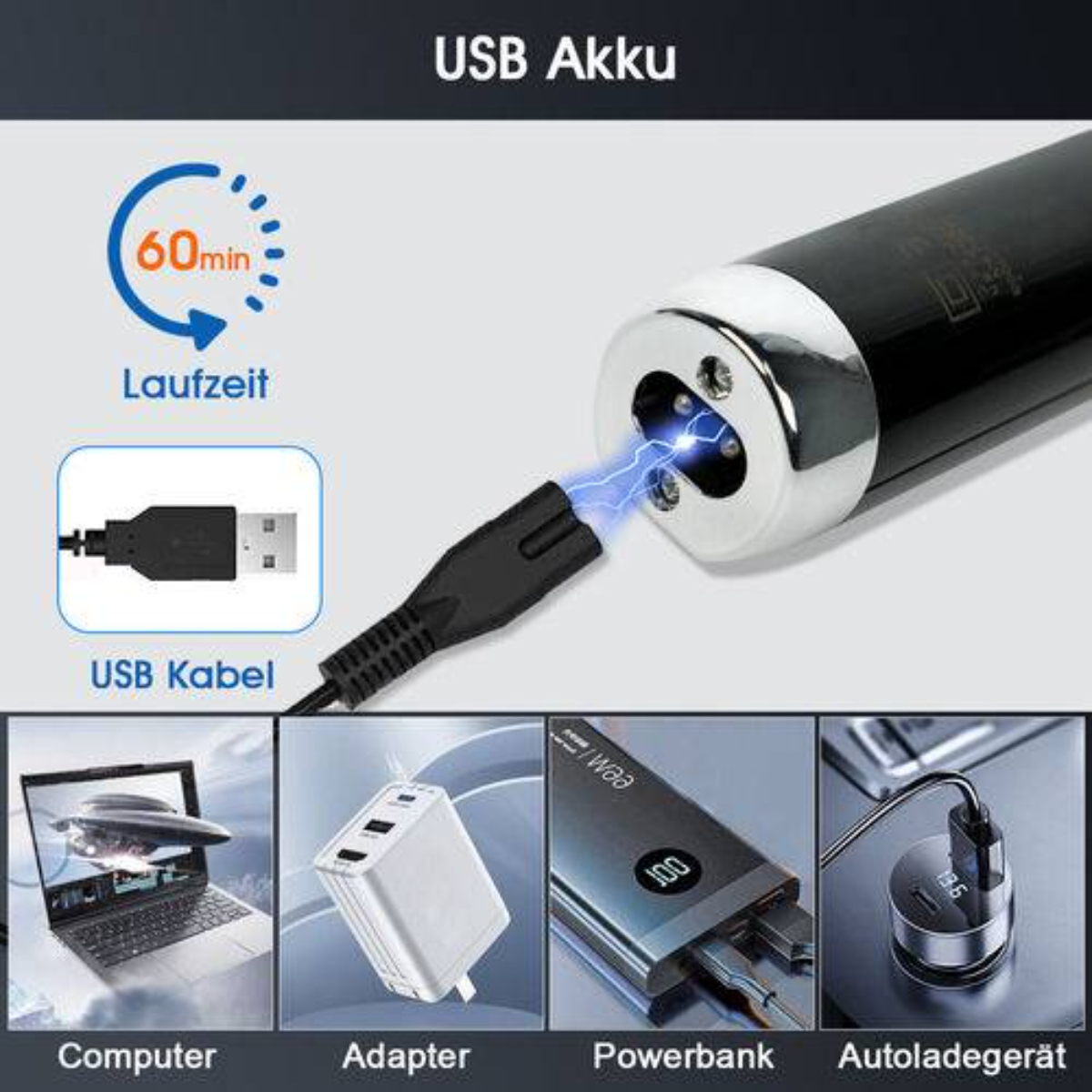 Ein schwarzes zylindrisches Gerät wird über ein USB-Kabel an verschiedene Ladegeräte angeschlossen, einschließlich eines Laptops und einer Powerbank.