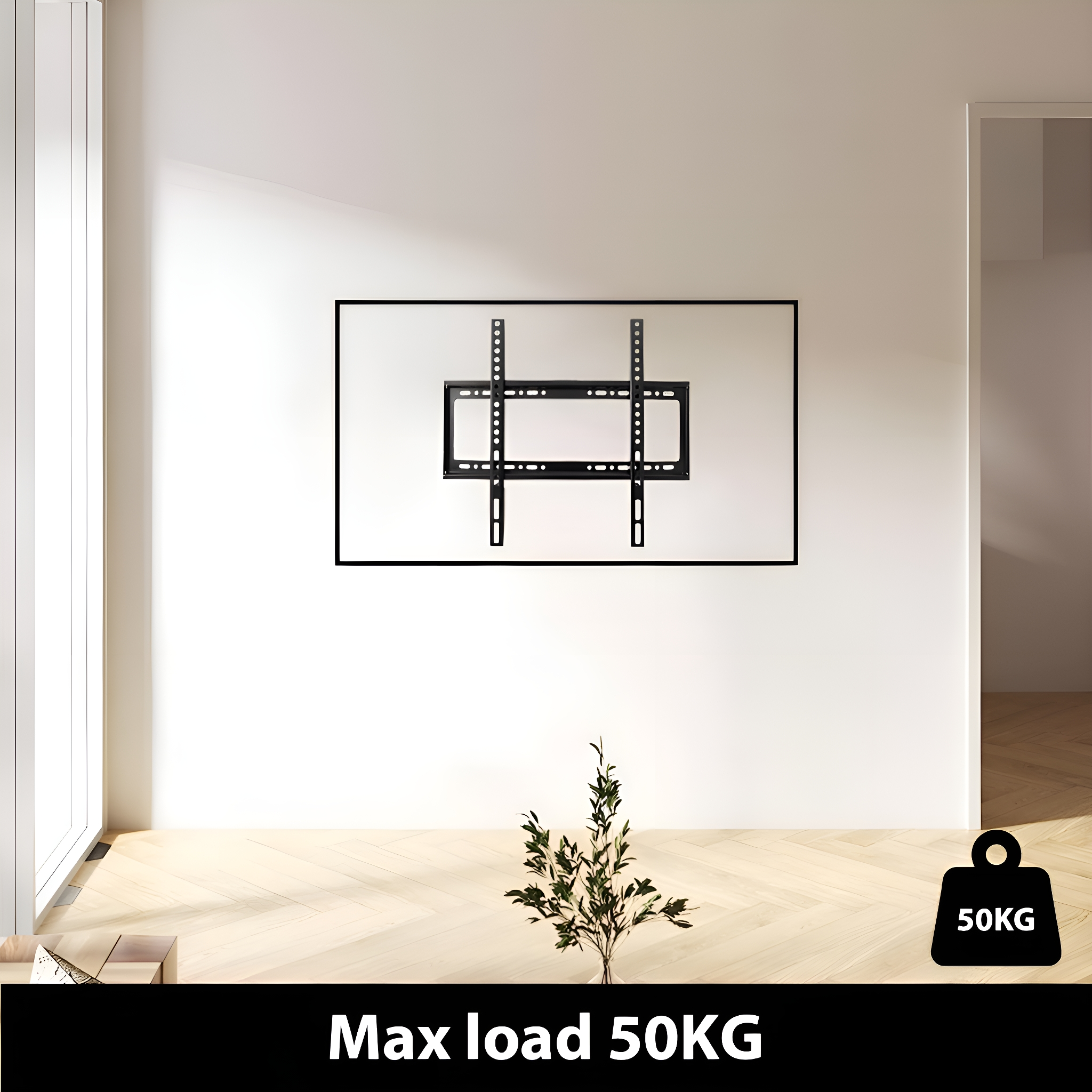Ein Fernseher, der mit einer Halterung an einer Wand befestigt ist. Die Wand ist weiß, darunter eine kleine Pflanze.