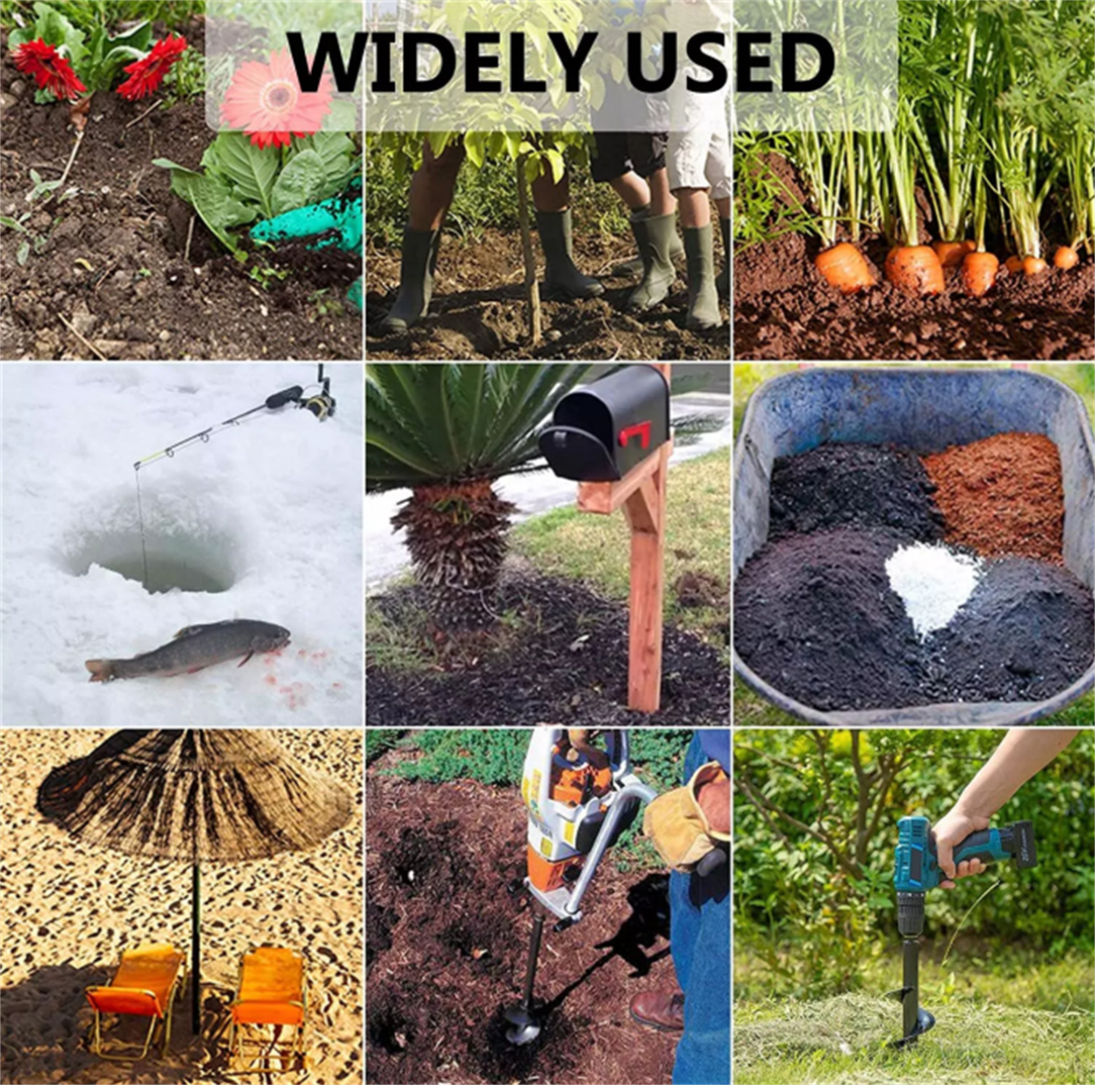 Collage von Gartenszenen: Blumen, Pflanzen, Karotten, Angeln, Briefkasten, Mulch, Werkzeuge und Bohren. Verschiedene Umgebungen.