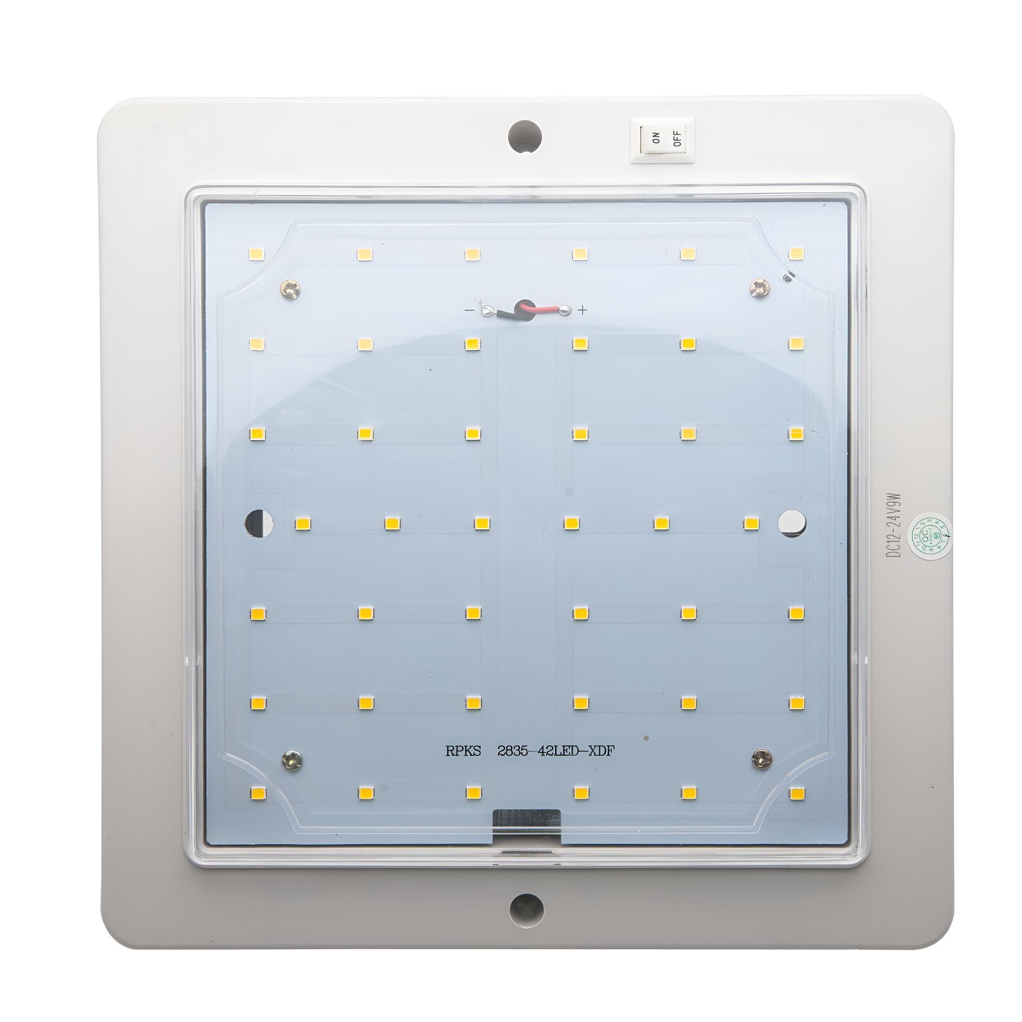 Weißes quadratisches LED-Lichtpanel mit Ein/Aus-Schalter. Weißer Rahmen und Hintergrund.