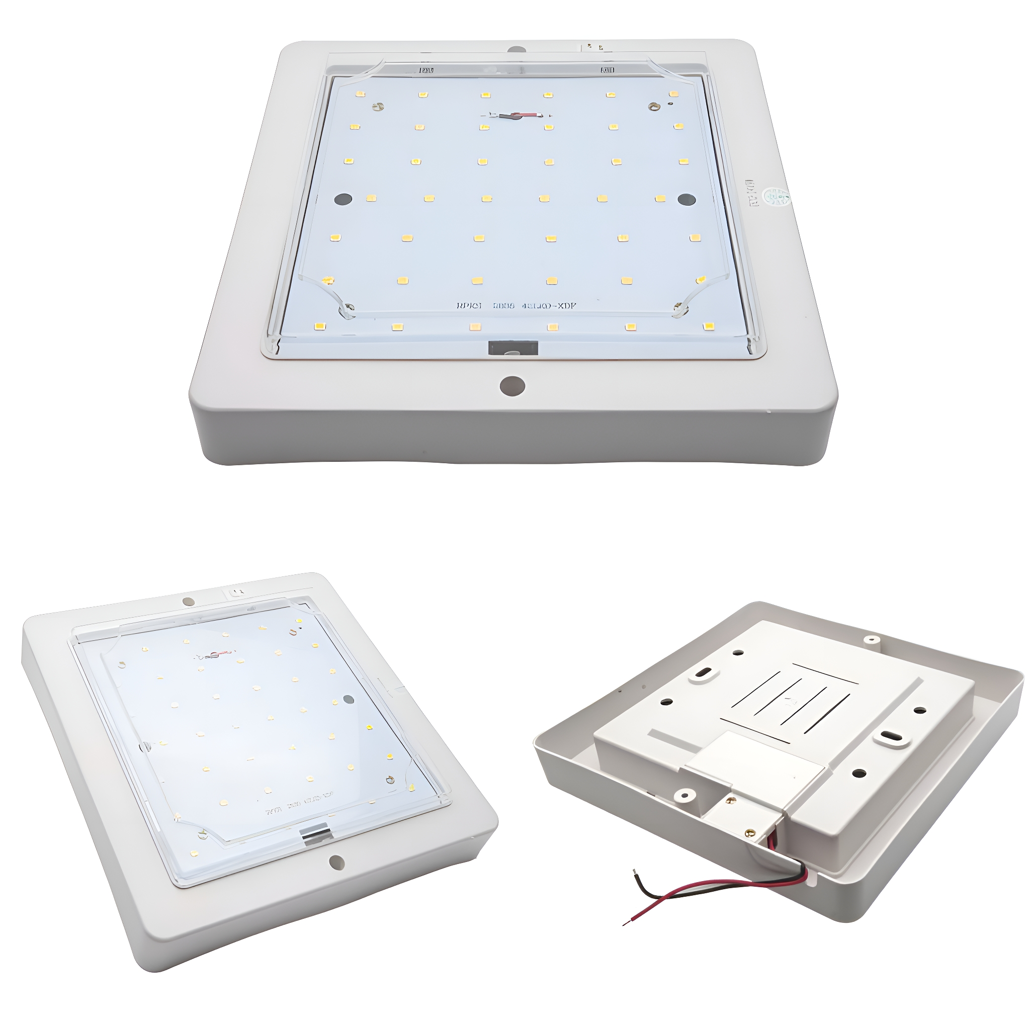Mehrere Ansichten einer weißen LED-Deckenleuchte mit quadratischem Rahmen.