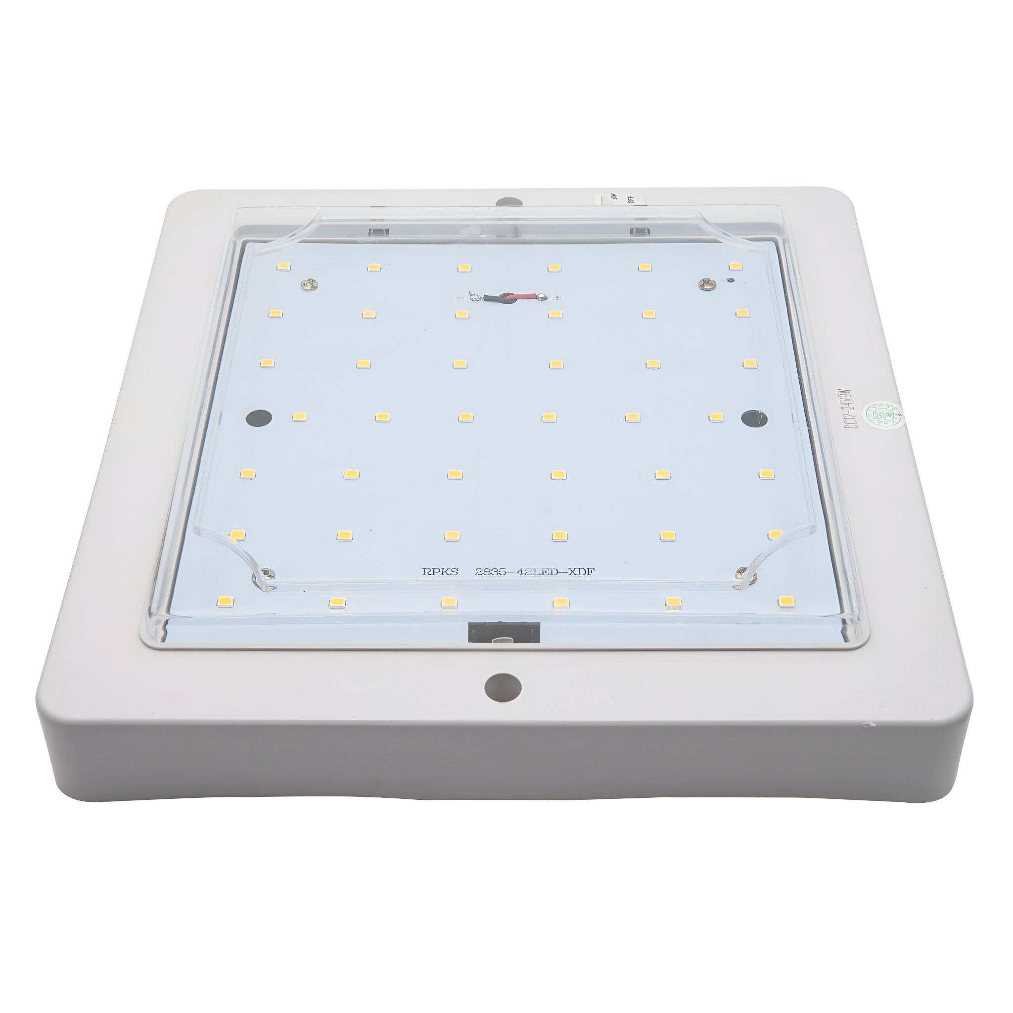 Ein weißes LED-Panel mit transparentem Deckel, eingebettet in einen weißen Rahmen. Es hat viele kleine Lichter.