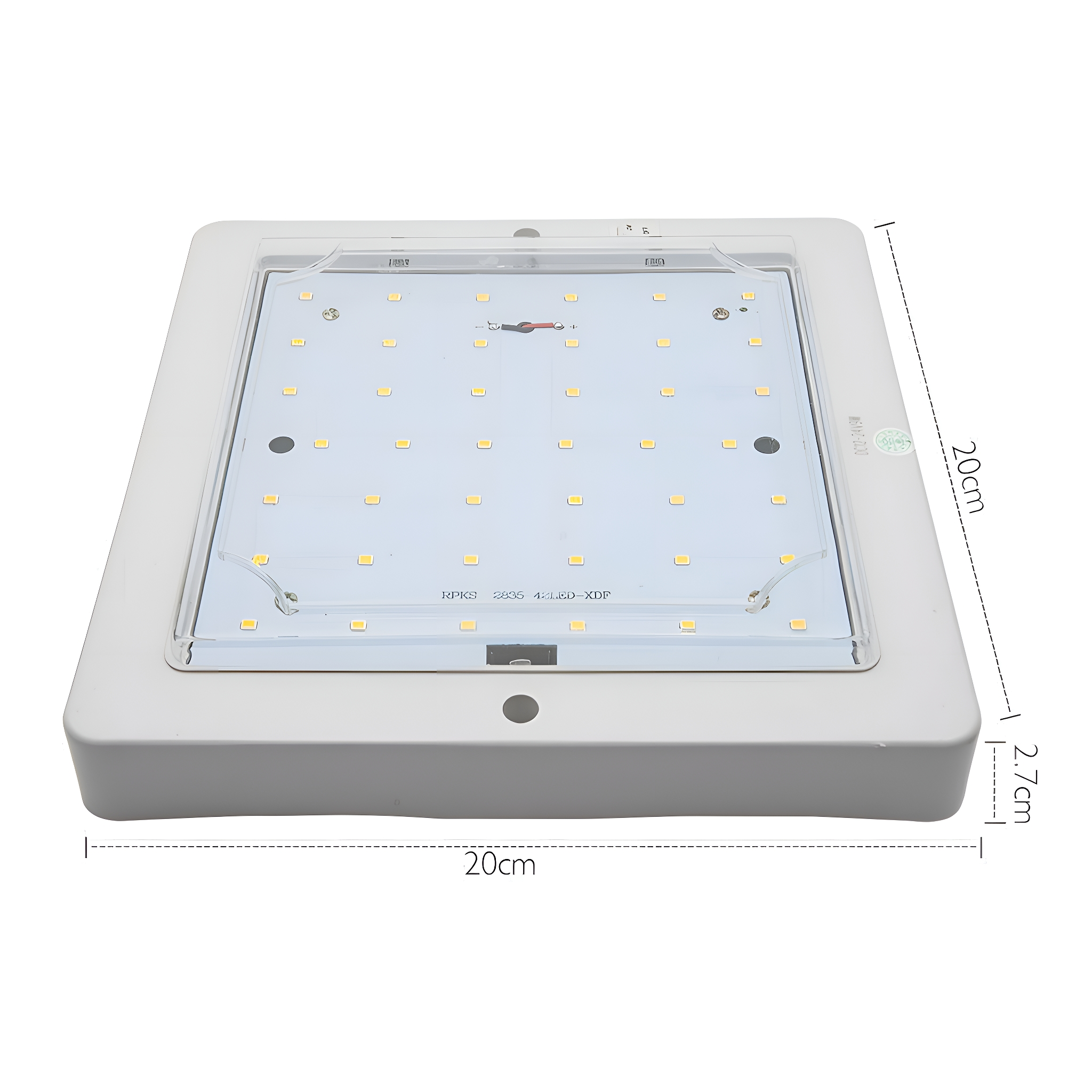 Eine weiße LED-Deckenleuchte mit gelben Lichtern und Abmessungen, markiert mit 20 cm und 2,7 cm.