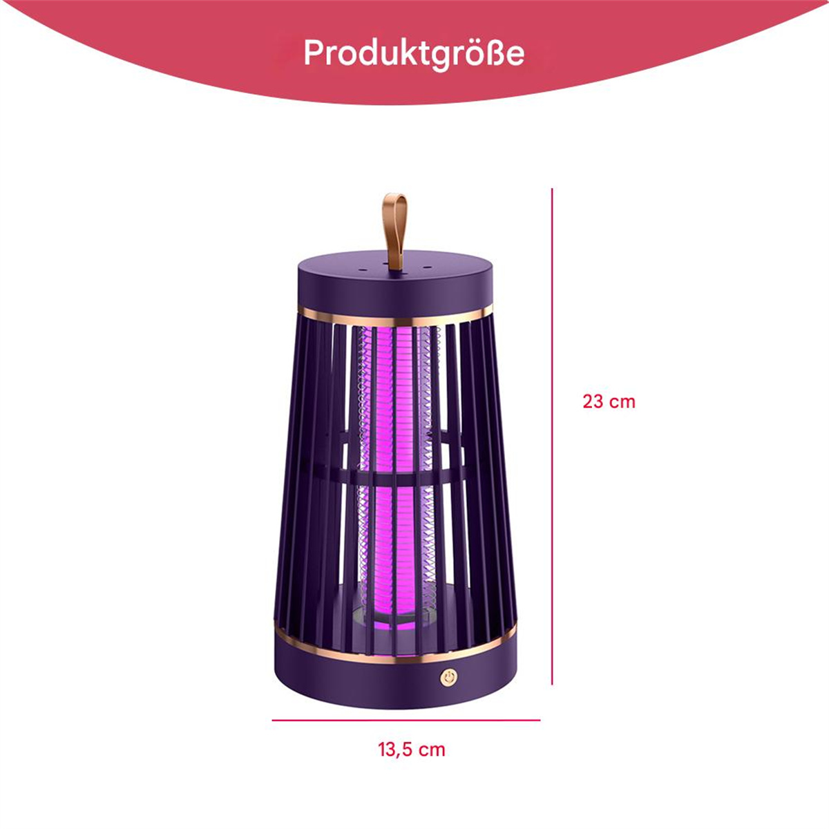Lila Mückenvernichter-Lampe. Maße sind 23 cm hoch und 13,5 cm breit. Roter oberer Rand.