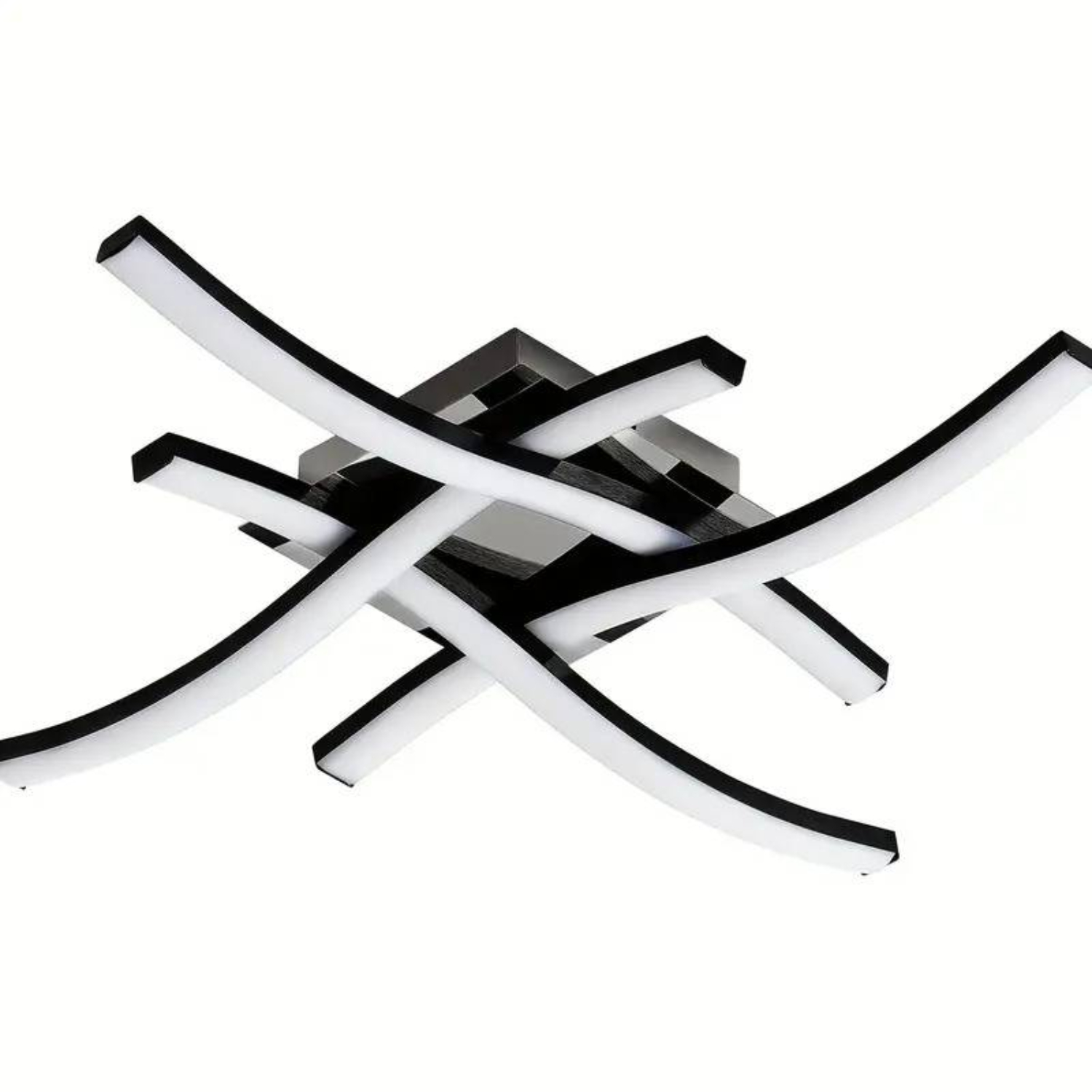 Moderne Deckenleuchte mit schwarzen und weißen geschwungenen Armen, montiert auf einem quadratischen silbernen Sockel, weißer Hintergrund.