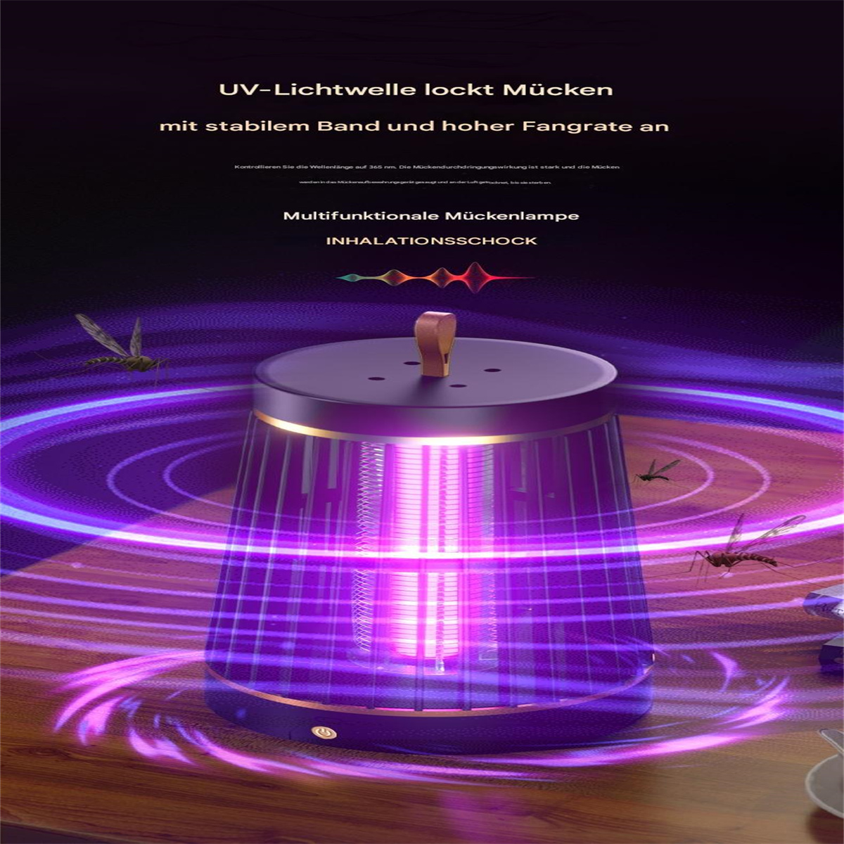 Eine zylindrische, lila beleuchtete Mückenfalle. Mücken werden dargestellt, die um das Gerät fliegen.