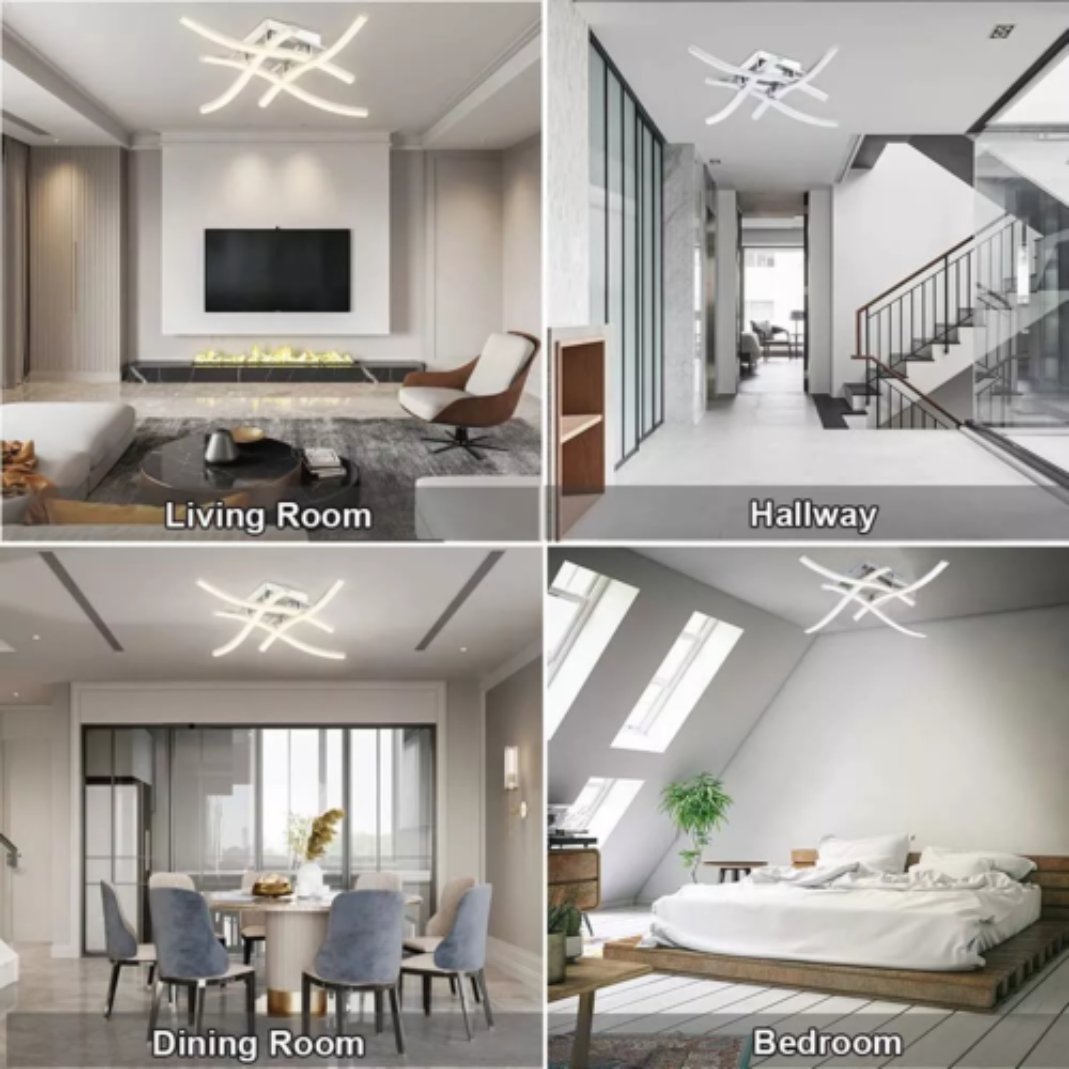 Vier Innenansichten mit moderner Beleuchtung: Wohnzimmer, Flur, Esszimmer und Schlafzimmer.