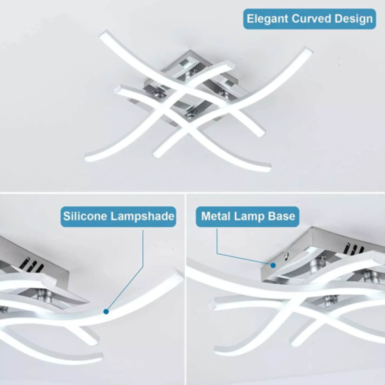 Eine weiße Deckenleuchte mit modernem Design. Es hat einen Metallsockel und eine gebogene Form.