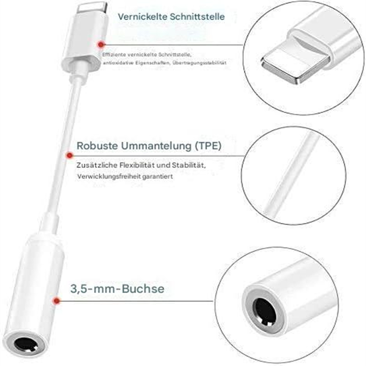 Ein weißes Adapterkabel mit Lightning-Anschluss, 3,5-mm-Klinke und Textannotationen.