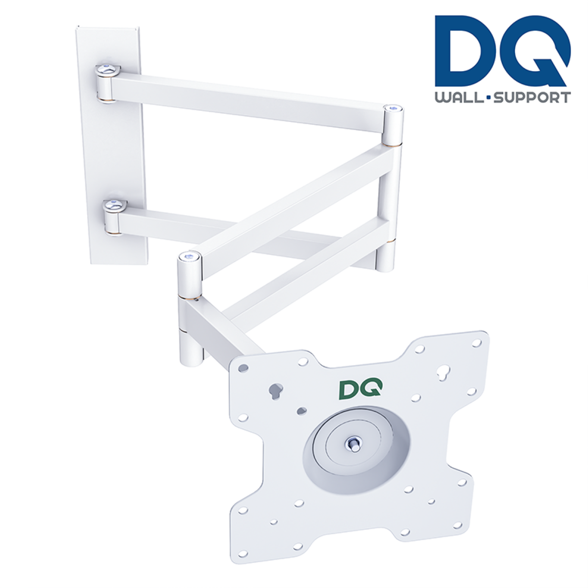 Weiße TV-Wandhalterung. Es hat mehrere Gelenkarme. Das Logo 'DQ WALL SUPPORT' befindet sich oben rechts.