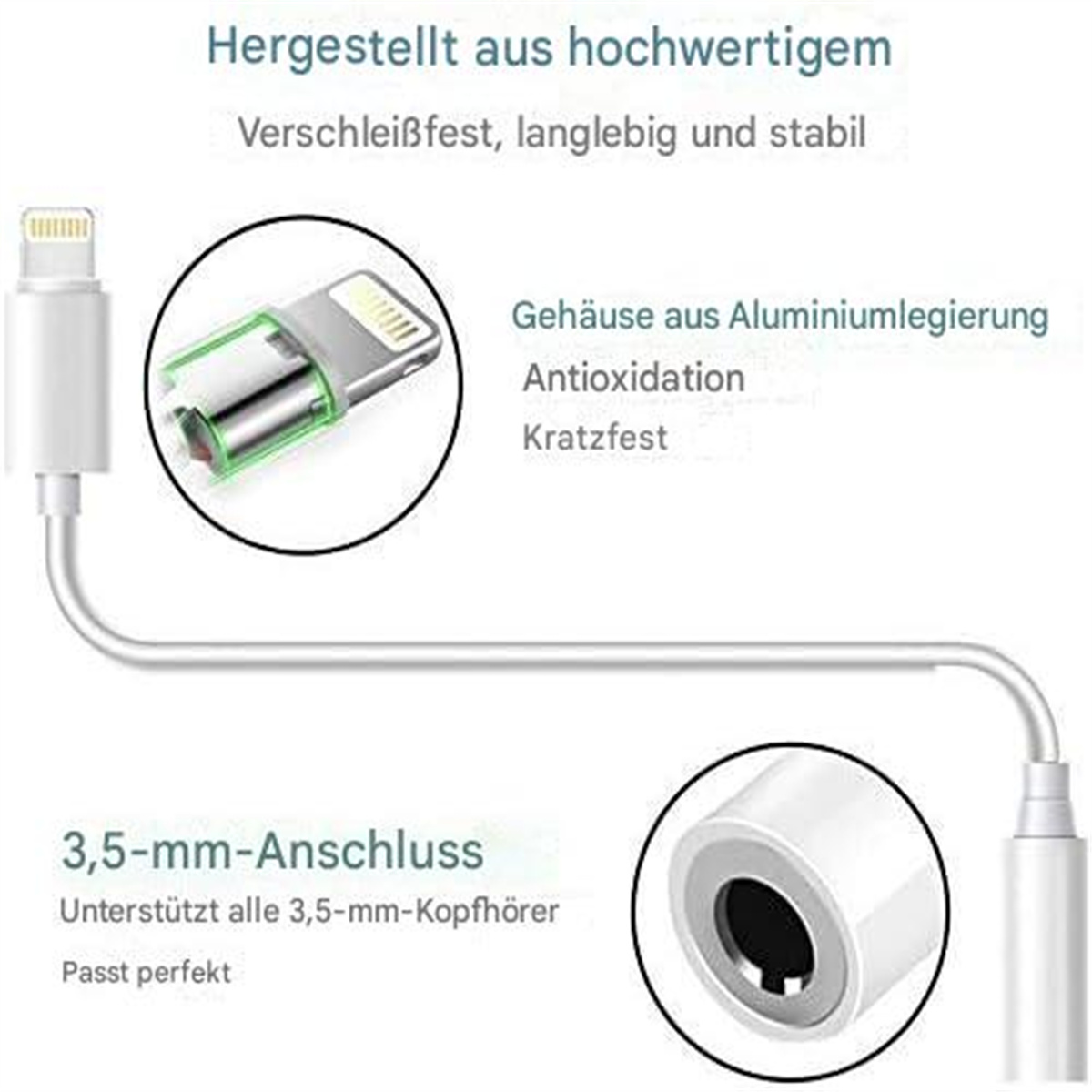 Weißes Kabel mit Anschlüssen. Ein Ende hat einen Lightning-Anschluss, das andere einen 3,5-mm-Klinkenstecker.