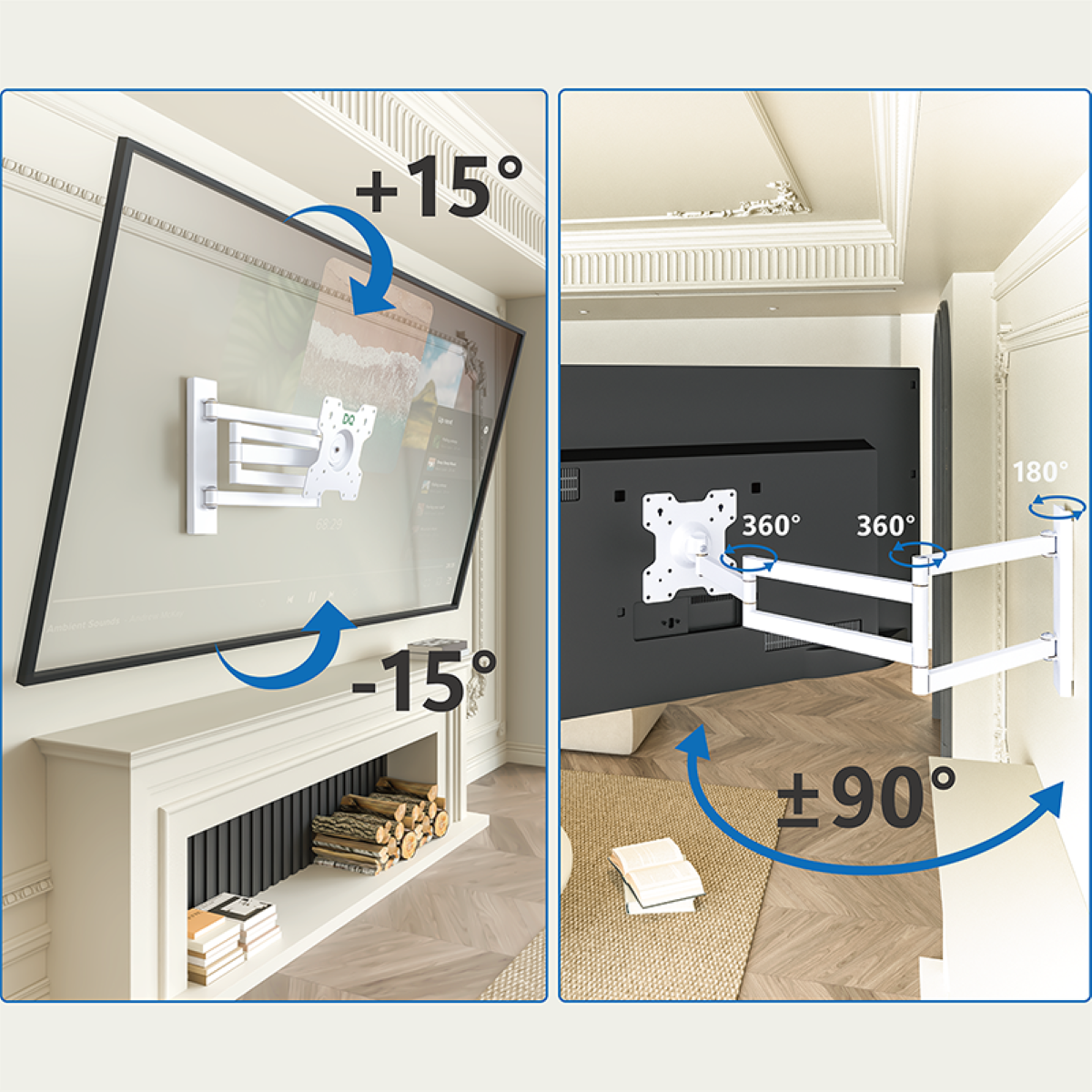 Fernseher an der Wand mit weißer Halterung und Holzdekor darunter.