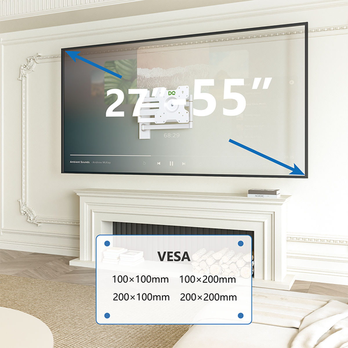 Großer Fernseher auf einem weißen Kamin montiert. Messungen und VESA-Montageoptionen werden gezeigt.
