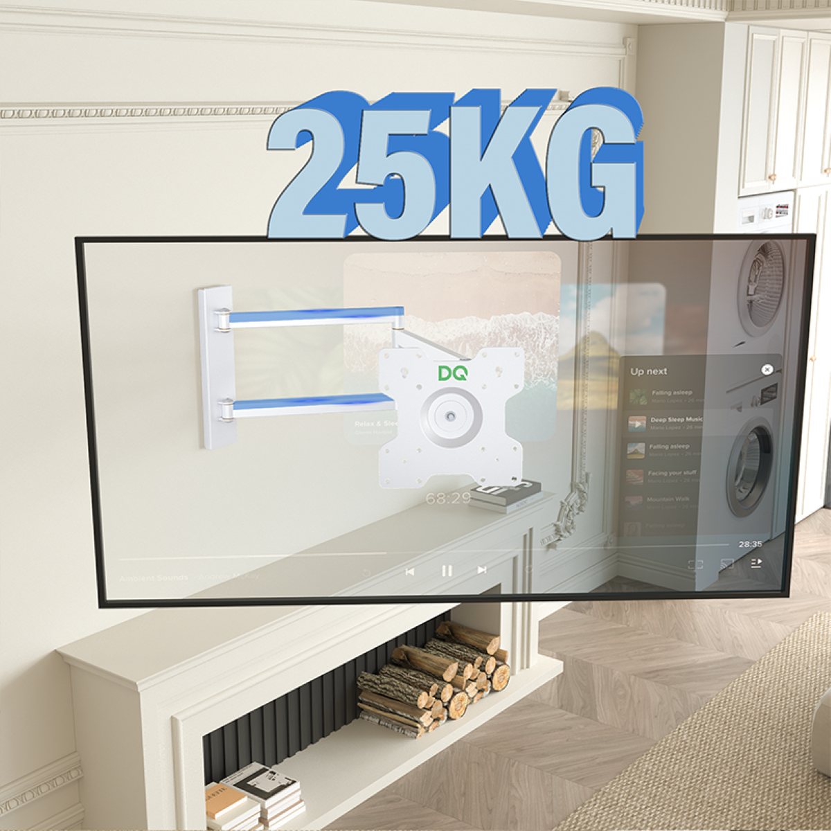Ein an der Wand montierter Fernseher mit Halterung und einem 25KG-Schild darüber.
