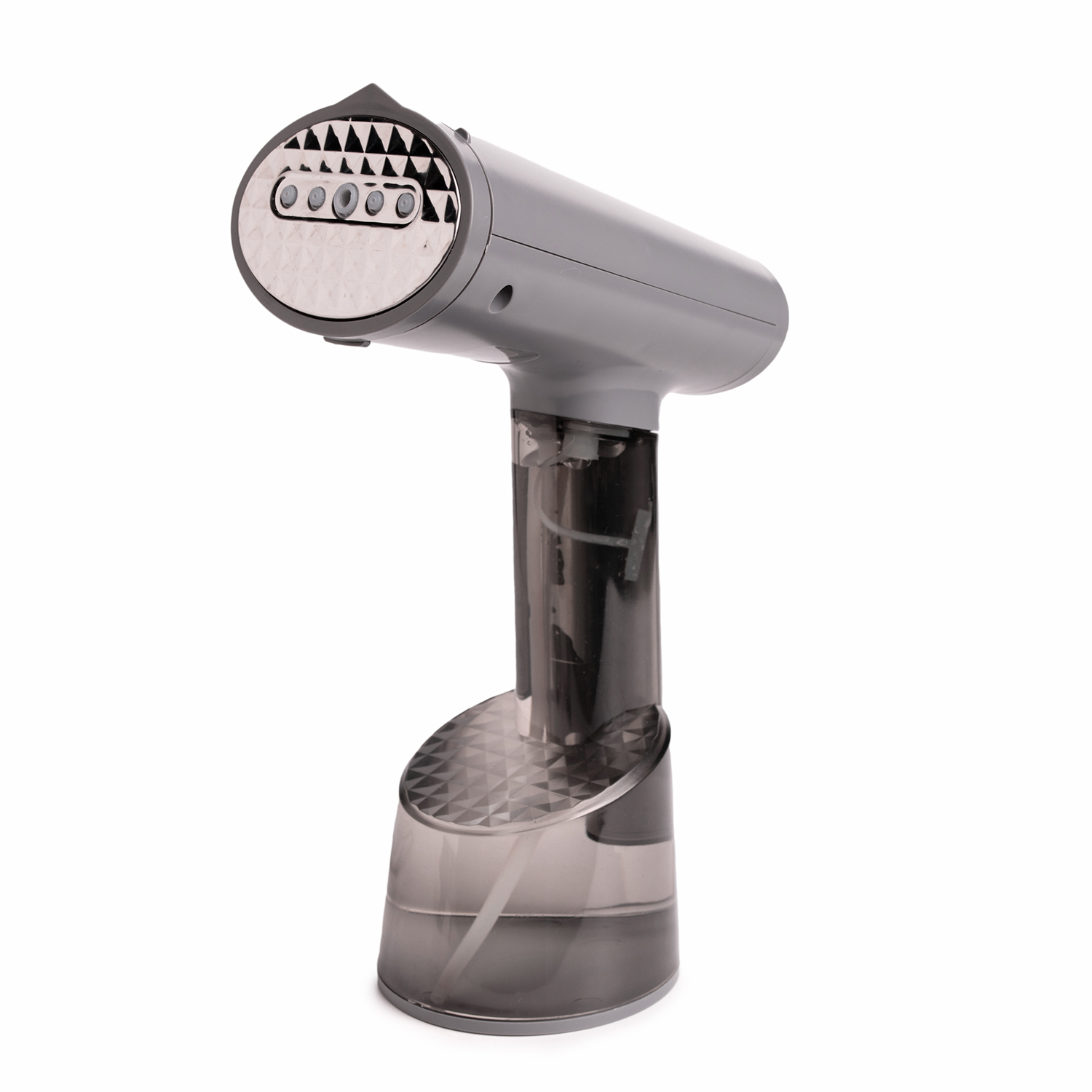 Een grijze handheld kledingstomer op een witte achtergrond, met een zichtbaar waterreservoir.