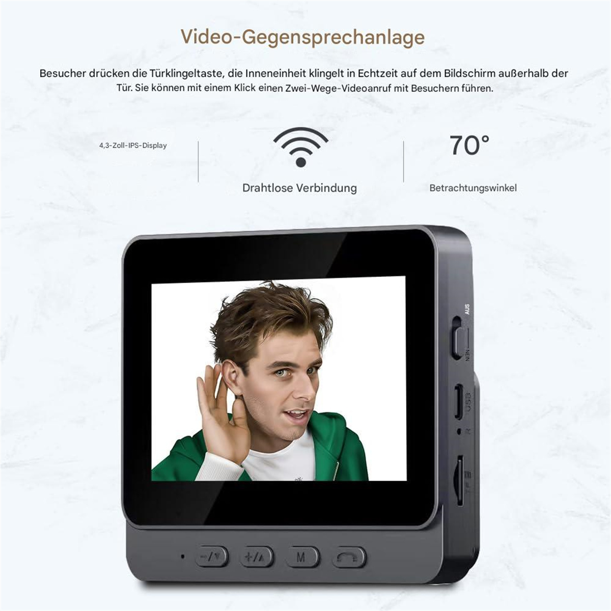 Eine Video-Gegensprechanlage zeigt einen Mann, der zuhört. Ein Bildschirm zeigt die drahtlose Verbindung und einen 70-Grad-Winkel.