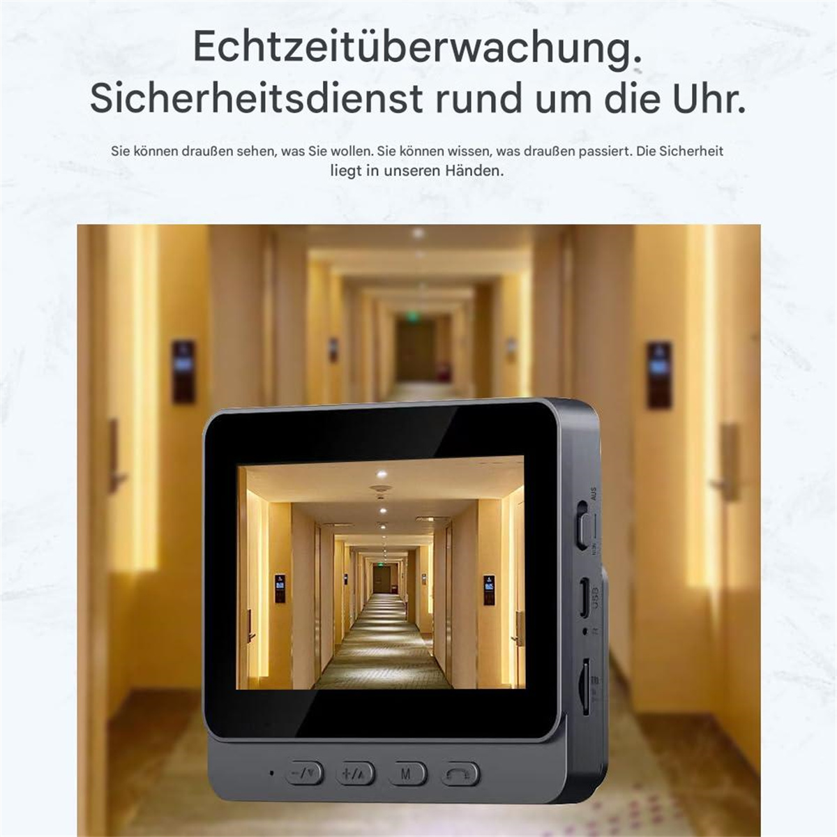 Eine Sicherheitskamera zeigt einen Flurblick. Text sagt Echtzeitüberwachung und Sicherheit.