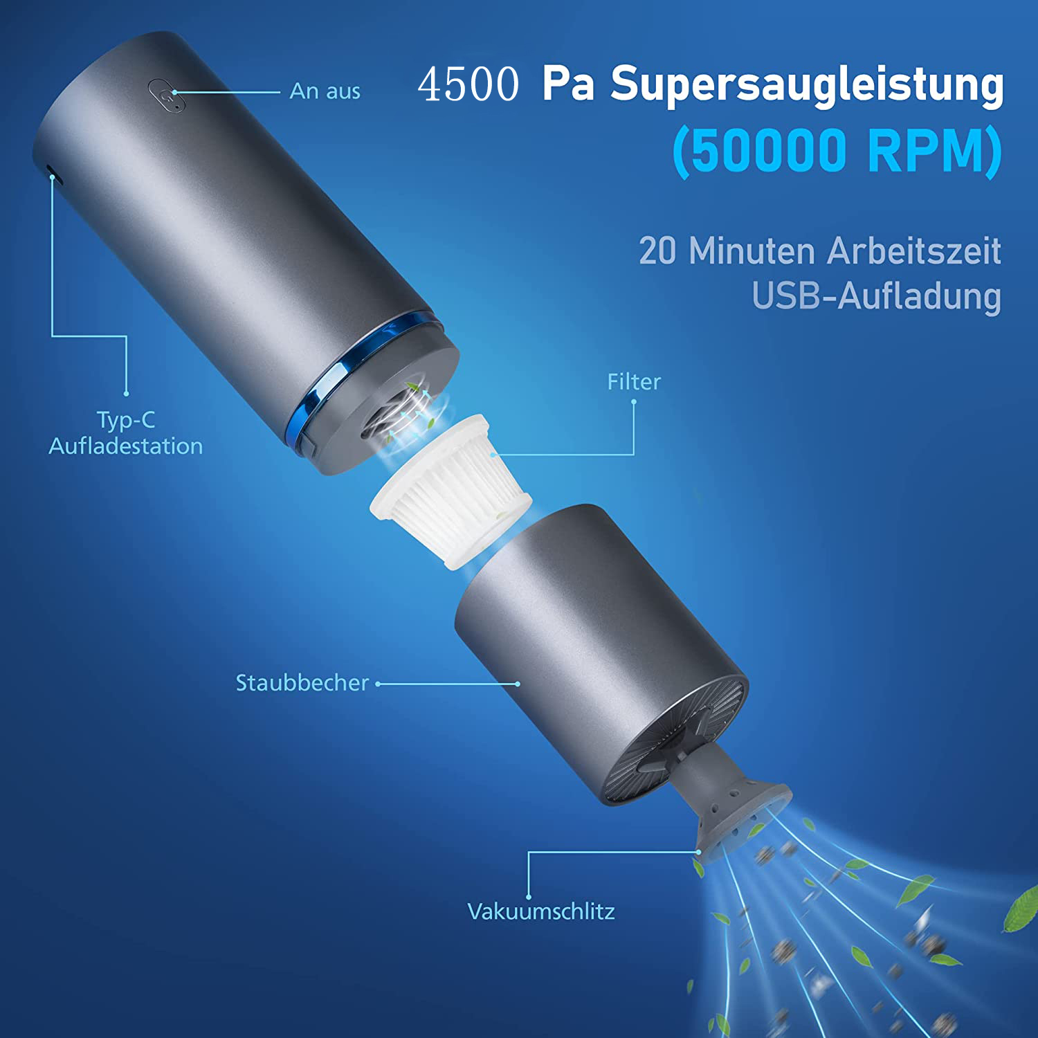 TOVBMUP 4500PA Kabellos HEPA Waschbar Handstaubsauger, Netz-/Batteriebetrieb